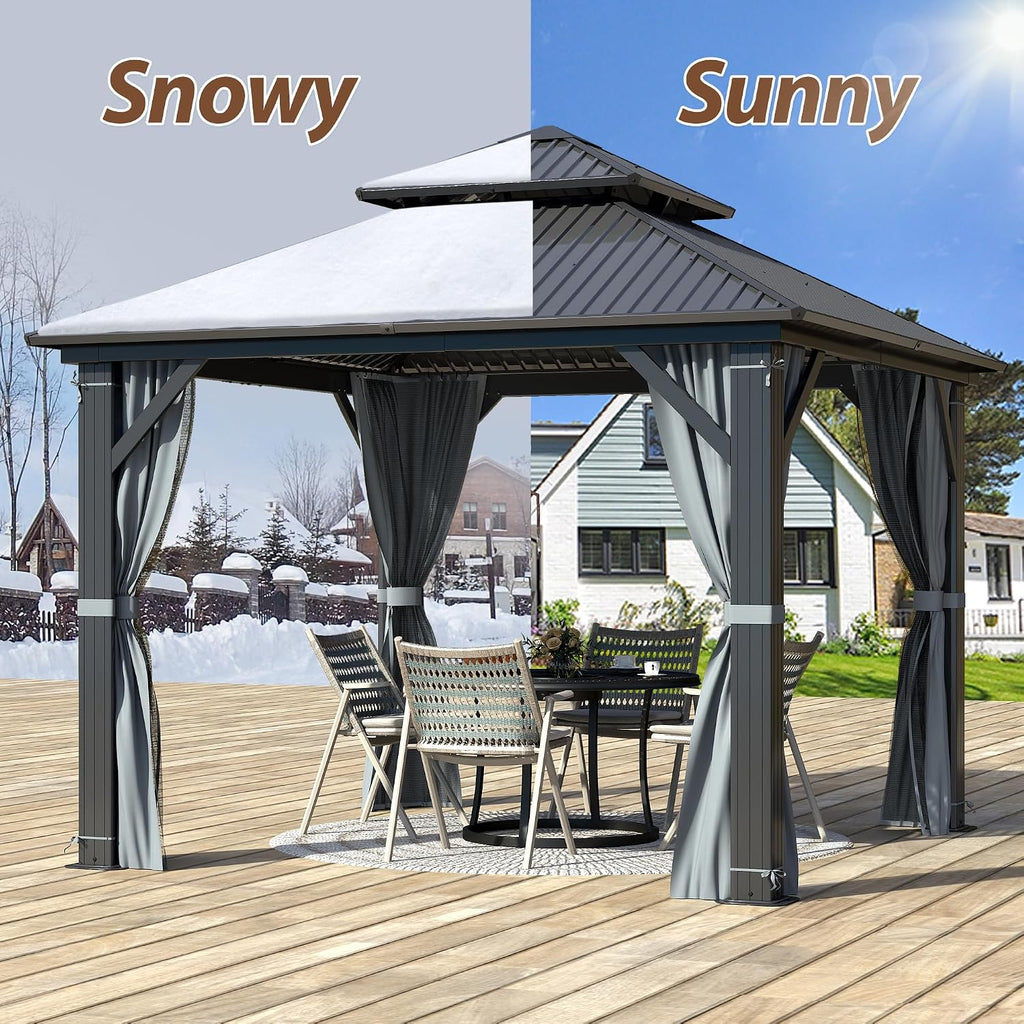 9.5' x 9.5' Hardtop Gazebo, Galvanized Steel Double Roof Gazebo with Nettings and Curtain Outdoor Aluminum Frame Vertical Stripes Roof Gazebos for Patio, Deck,Backyard