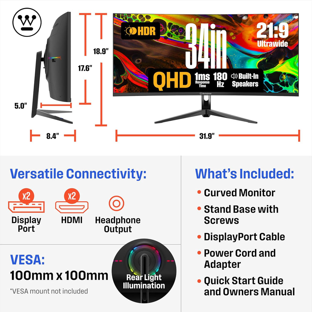 Westinghouse 34 Inch Curved Gaming Monitor, 2K Ultra-WQHD(3440x1440P), 180Hz, 1ms, AMD FreeSync Premium, 3000:1 Contrast Ratio, 122% sRGB, 1500R, Eyecare, Built-in Speakers, DisplayPortx2, HDMIx2