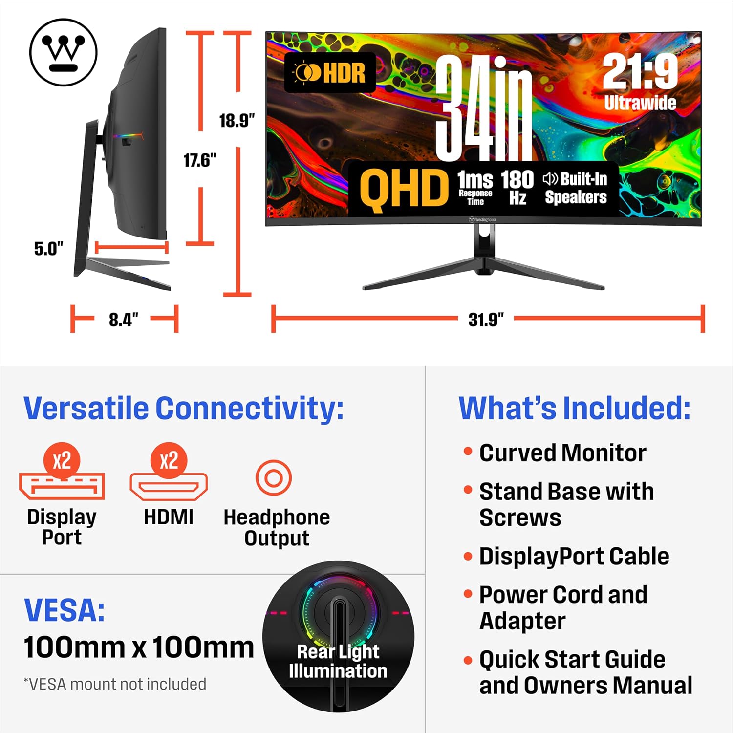 Westinghouse 34 Inch Curved Gaming Monitor, 2K Ultra-WQHD(3440x1440P), 180Hz, 1ms, AMD FreeSync Premium, 3000:1 Contrast Ratio, 122% sRGB, 1500R, Eyecare, Built-in Speakers, DisplayPortx2, HDMIx2
