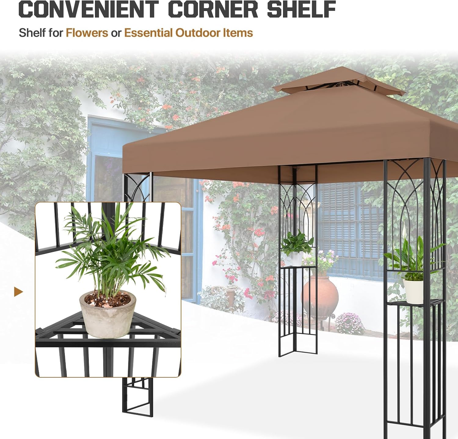 COOS BAY 8x8 Patio Gazebo with Corner Shelves, Two Tier Soft Top Canopy with UV Protection for Backyard, Garden, Lawn, Outdoor Events, Brown