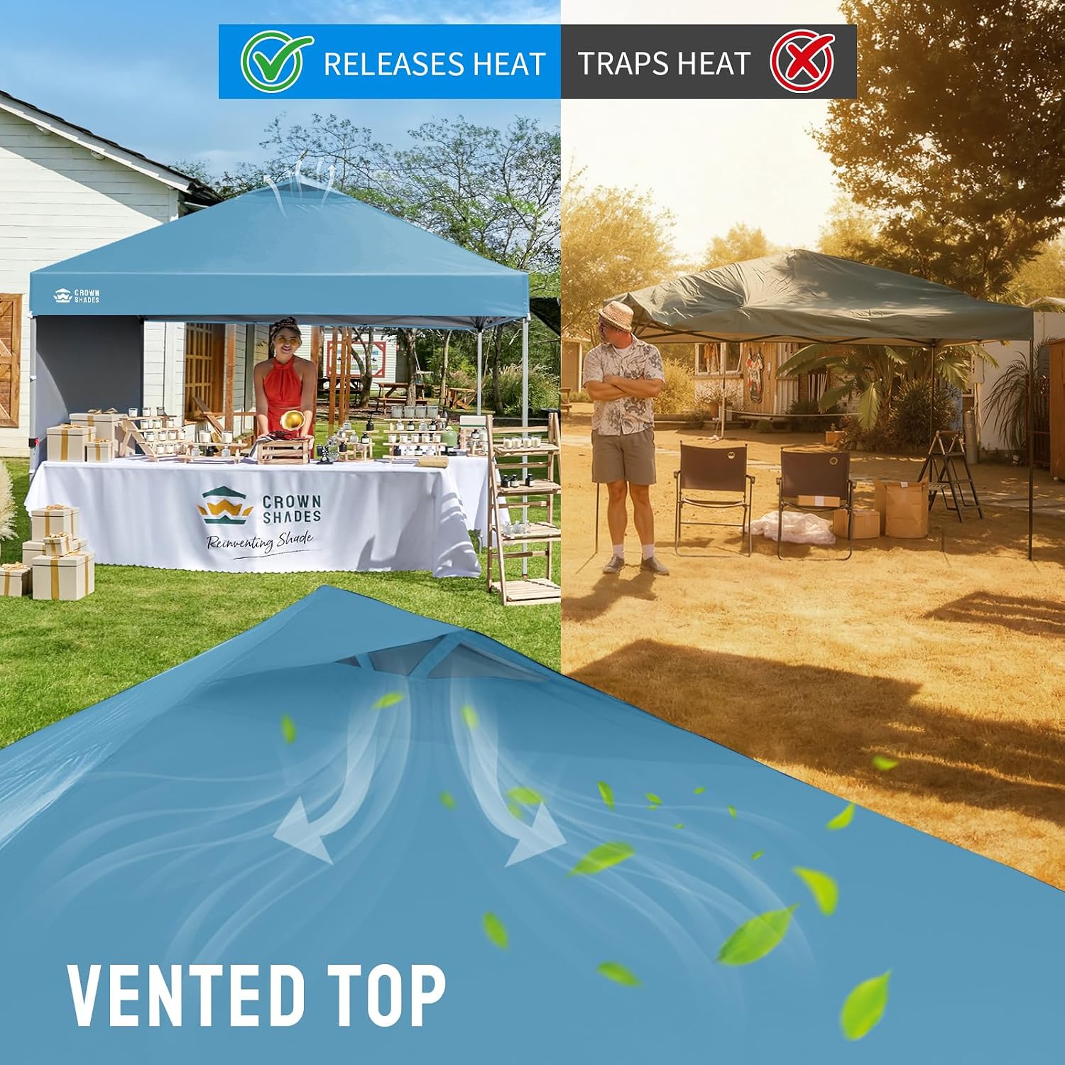 CROWN SHADES 10x10 Pop Up Canopy with 1 Side Wall - Beach Tent with One Push Setup - Outdoor Sun Shade for Events, Parties, Camping - Gazebo with STO-N-Go Cover Bag (Cyan Blue)