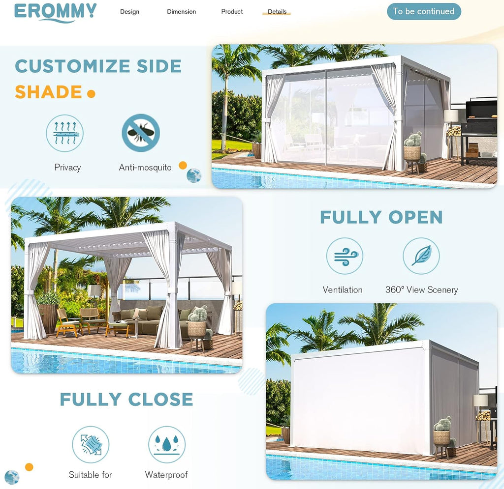 EROMMY 10x10FT Louvered Pergola Outdoor Sun Shade Shelter with Aluminum Frame and Adjustable Metal Rainproof Roof for Garden & Patio, Curtains and Netting Included, White