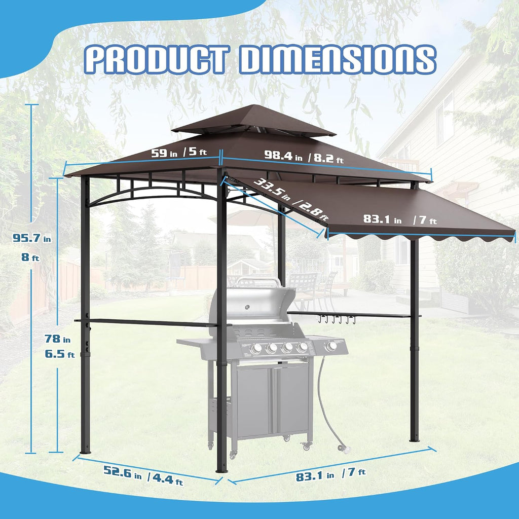 Grepatio Outdoor BBQ Gazebo, 8x8 Ft Patio Grill Gazebos with Extra Adjustable Shadow, 2-Tier Grill Canopy with 2 Shelves 6 Hooks, Barbeque Gazebo Canopy for Backyard Garden Poolside