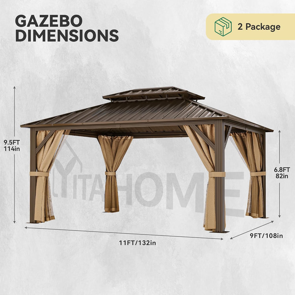 YITAHOME 10x12ft Hardtop Gazebo with Nettings and Curtains, Heavy Duty Double Roof Galvanized Steel Outdoor Combined of Horizontal Vertical Stripes Roof for Patio, Backyard, Deck, Lawn (Bronze)