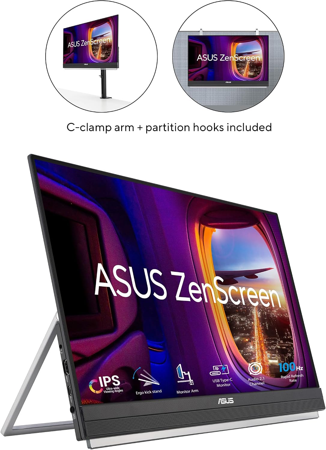 ASUS ZenScreen 22' (21.5 viewable) 1080P Portable Monitor (MB229CF) – Full HD, IPS, 100Hz, USB-C PD 60W, Speakers, Carrying Handle, Kickstand, C-clamp Arm, Partition Hook, Subwoofer, 3 yr Warranty