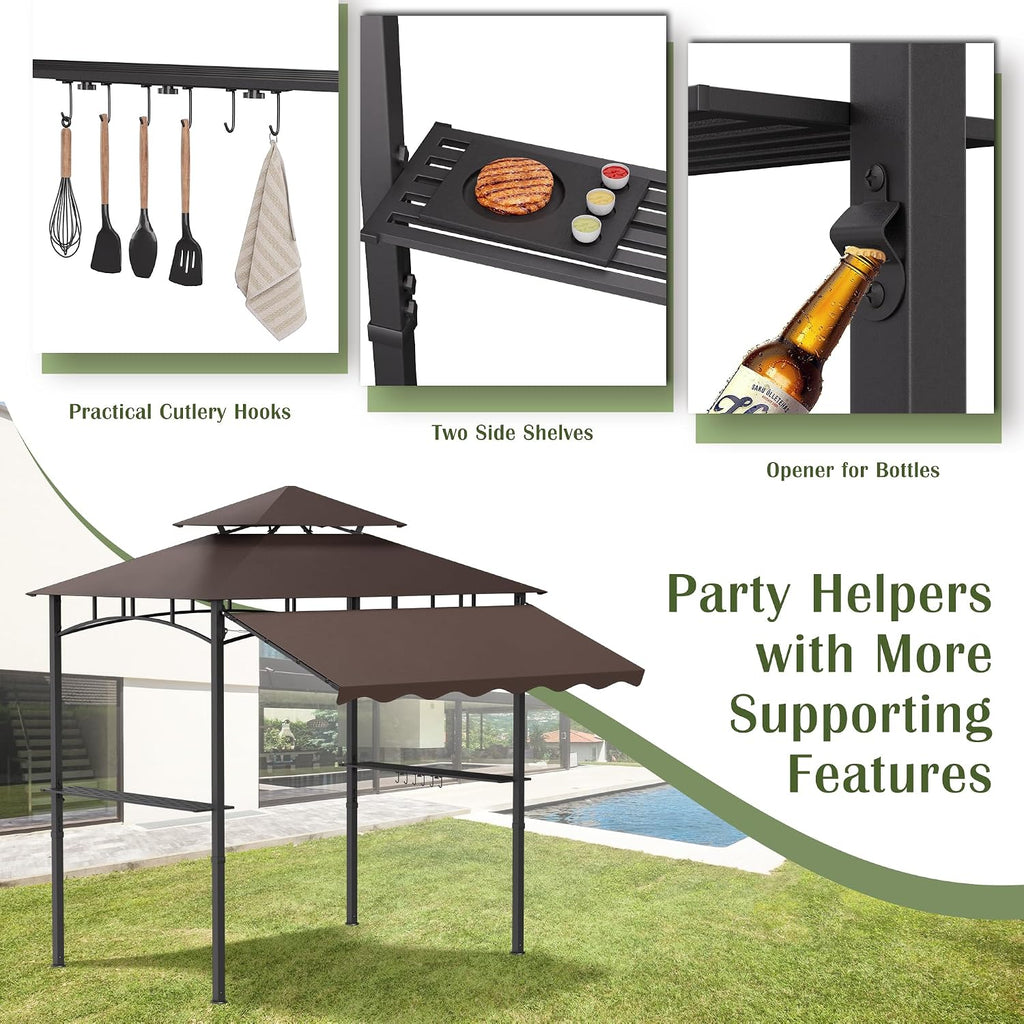 MAGIC UNION 8x8 FT Grill Gazebo with Side Awning, 2-Tier Barbecue Canopy Shelter with 2 Shelves, 7 Hanging Hooks, Bottle Opener, Outdoor Grilling Awnings Tent for Backyard Garden Poolside (Brown)