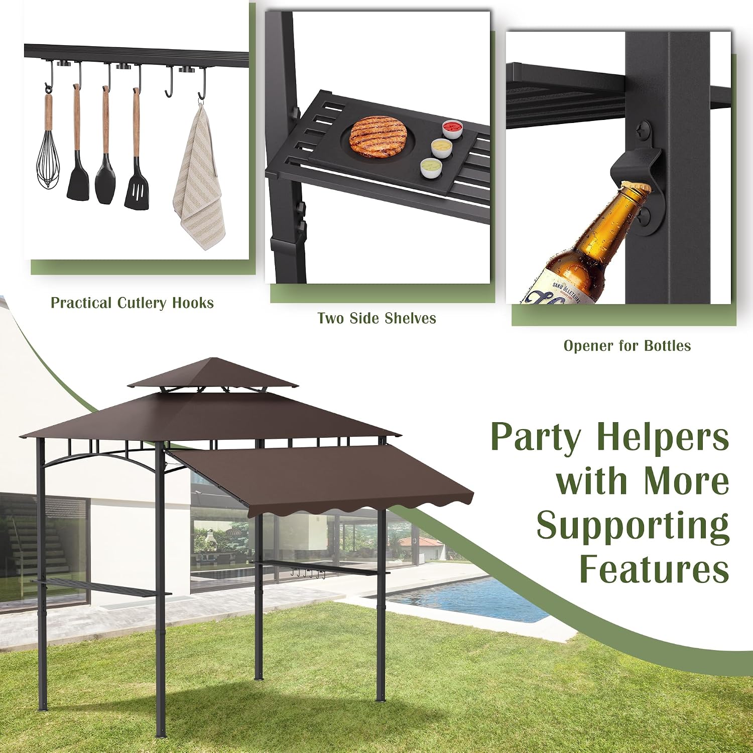 8'X 8' Grill Gazebo with Extra Side Awning, Double Tiered BBQ Gazebos Heavy-Duty Steel Frame Awning with 2 Side Shelves 6 Hooks, Outdoor Pergolas Awnings Tent for Patio Deck Backyard BBQ Party