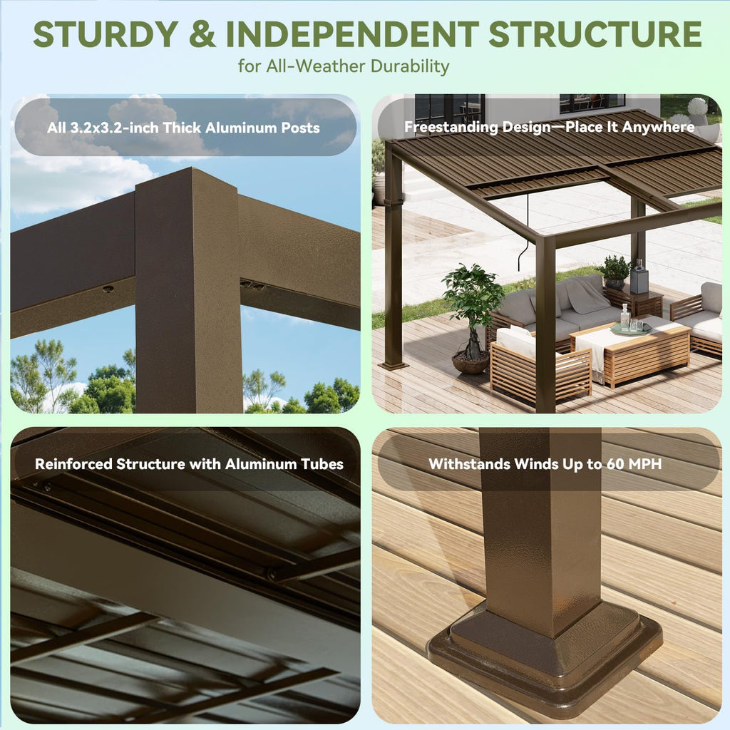 Gazebo 10x13 with Adjustable Galvanized Steel Roofs, All Aluminum Frame Permanent Pergola for Patio, Outdoor Freestanding Shelter, Dark Brown