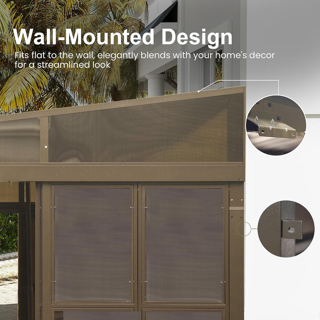 Domi 10x12FT Wall Mounted Sunroom, Against Wall Solarium with Galvanized Steel Sloping Roof, Detachable PVC Screen, Lockable Sliding Door, Lean-to Gazebo Sun Room for Patio Deck