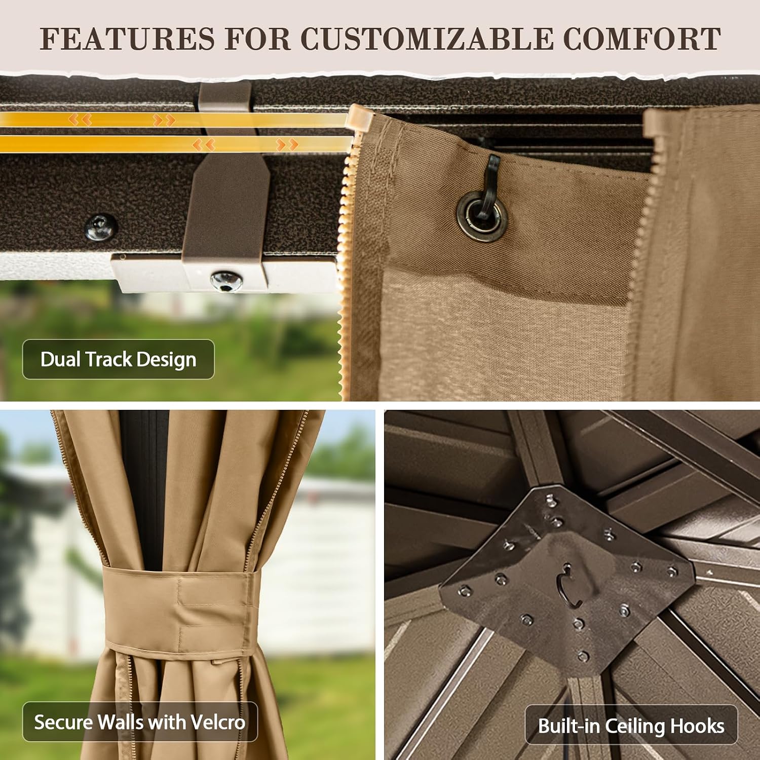 EAGLE PEAK 12x12 Hardtop Gazebo, Galvanized Steel Double Roof with Aluminum Frame, Outdoor Pavilion with Netting and Curtains for Patio, Deck, Lawn and Garden, Dark Brown/Tan