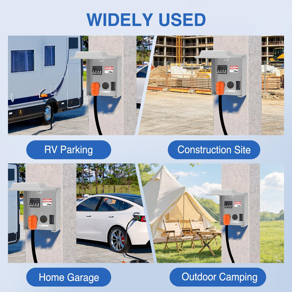 Nilight 20 30 50 Amp RV Power Outlet Box with Breaker 125/250V NEMA 14-50R TT-30R GFCI Temporary Receptacle Panel ETL Listed Heavy Duty Enclosed Lockable Waterproof for EV Camper Van Travel Trailer