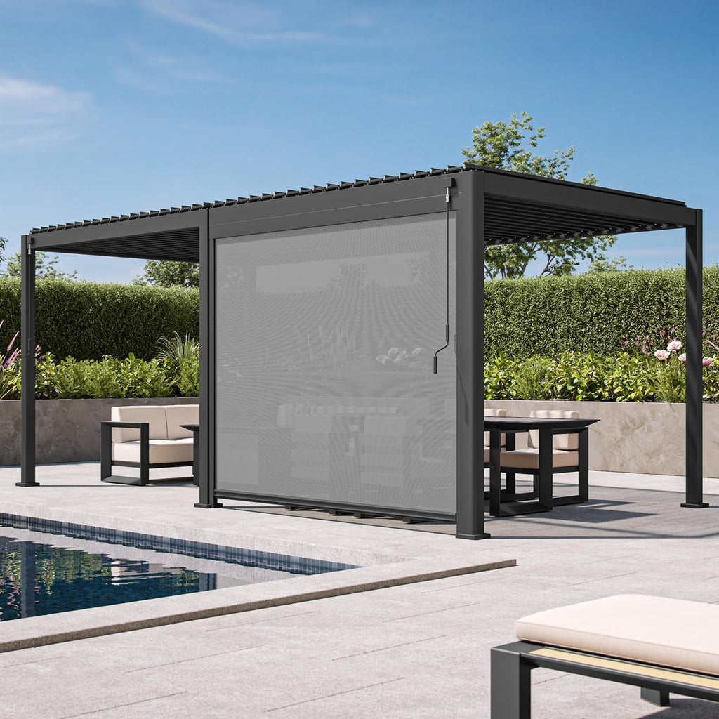 MIRADOR 111S Round 10'x20' Louvered Pergola with 10FT Shade Screen for Outdoor Deck Lawn Garden Backyard Patio Porch，Charcoal