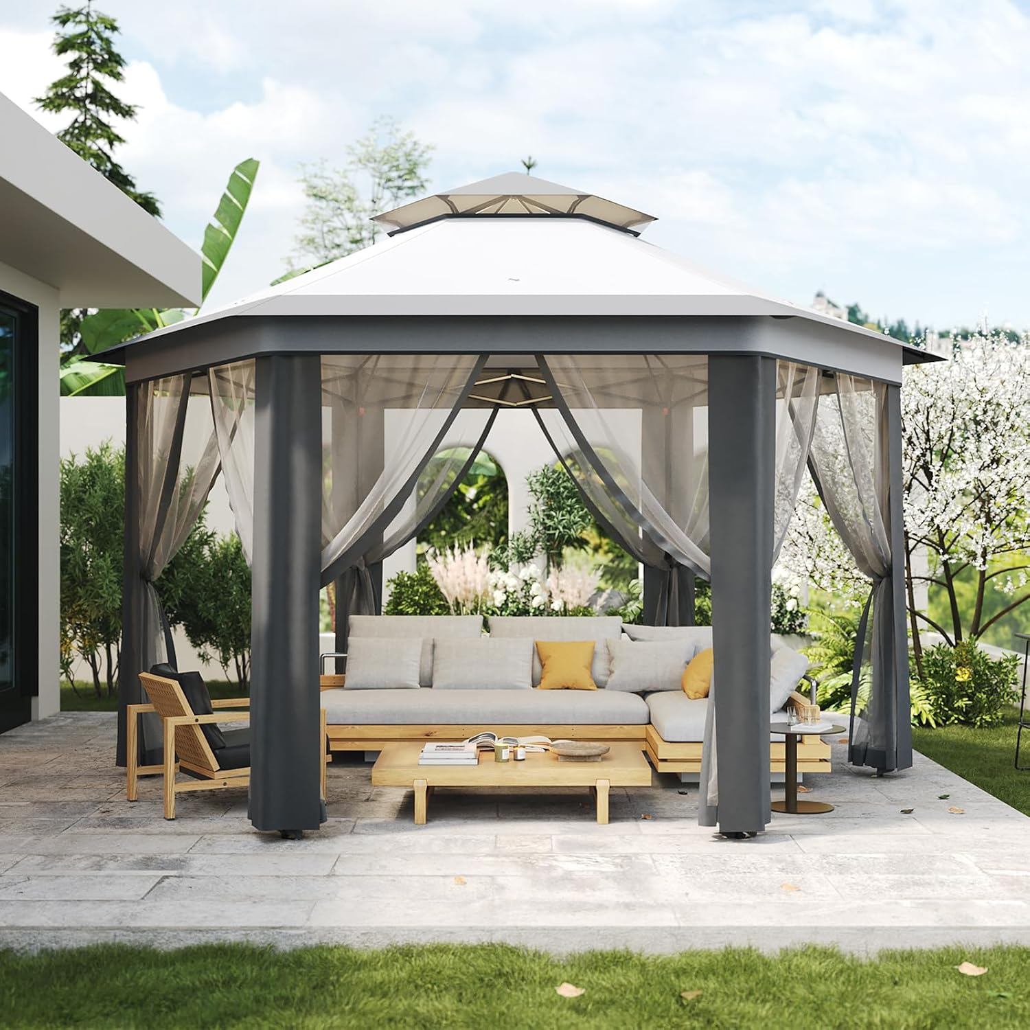 Pop-Up Gazebo 13 * 13 ft 6 Sided, Canopy Tent with Mesh Windows & Portable Carry Bag, Adjustable Tent Outdoor Pergola for Backyard & Patio Furniture (Light Grey + Dark Grey)
