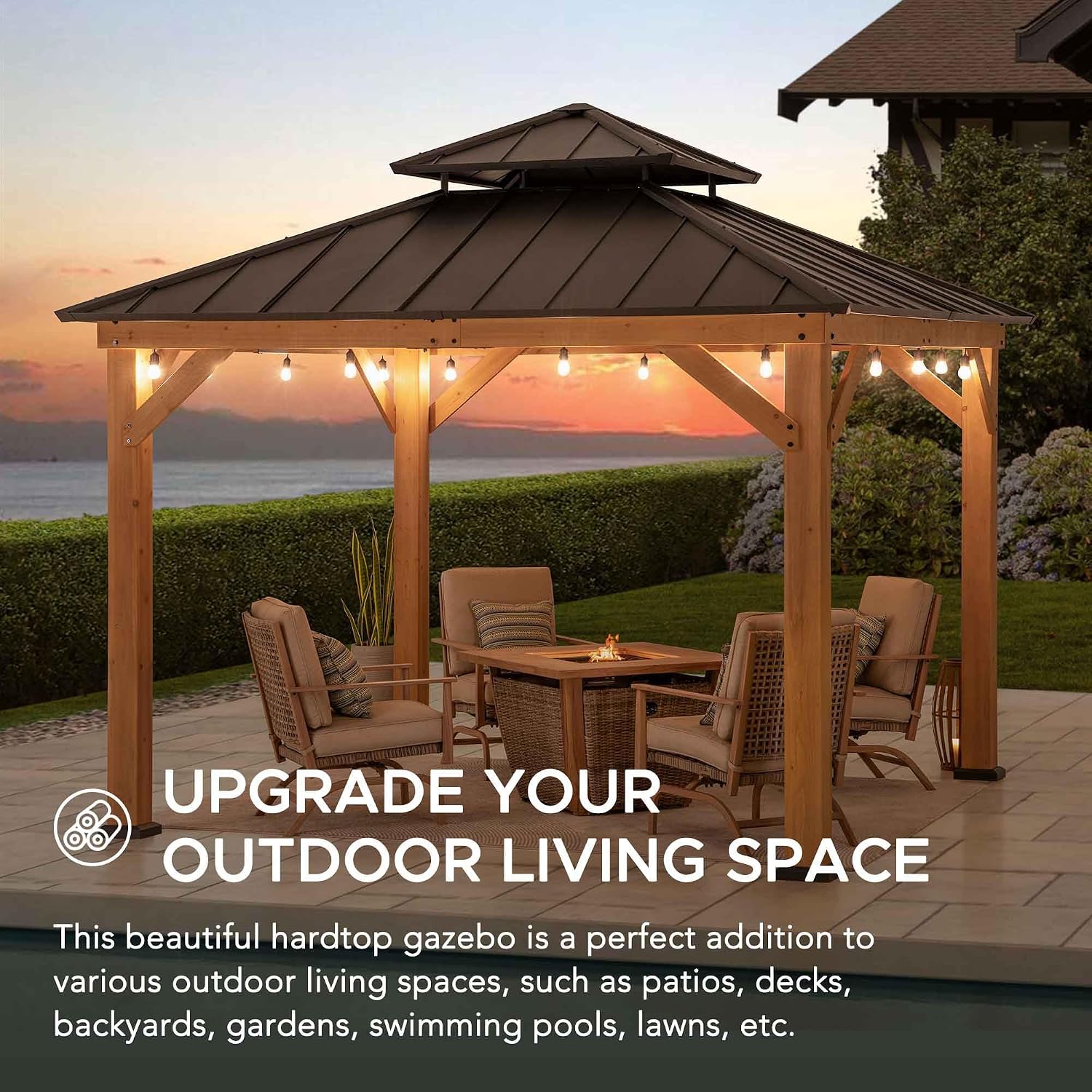 SUNJOY 11 x 11 ft. Wood Gazebo Standard Cedar Framed Gazebos with Black Double Steel Hardtop Roof for Garden, Backyard Shade, Matte Black Roof + Natural Wood Frame