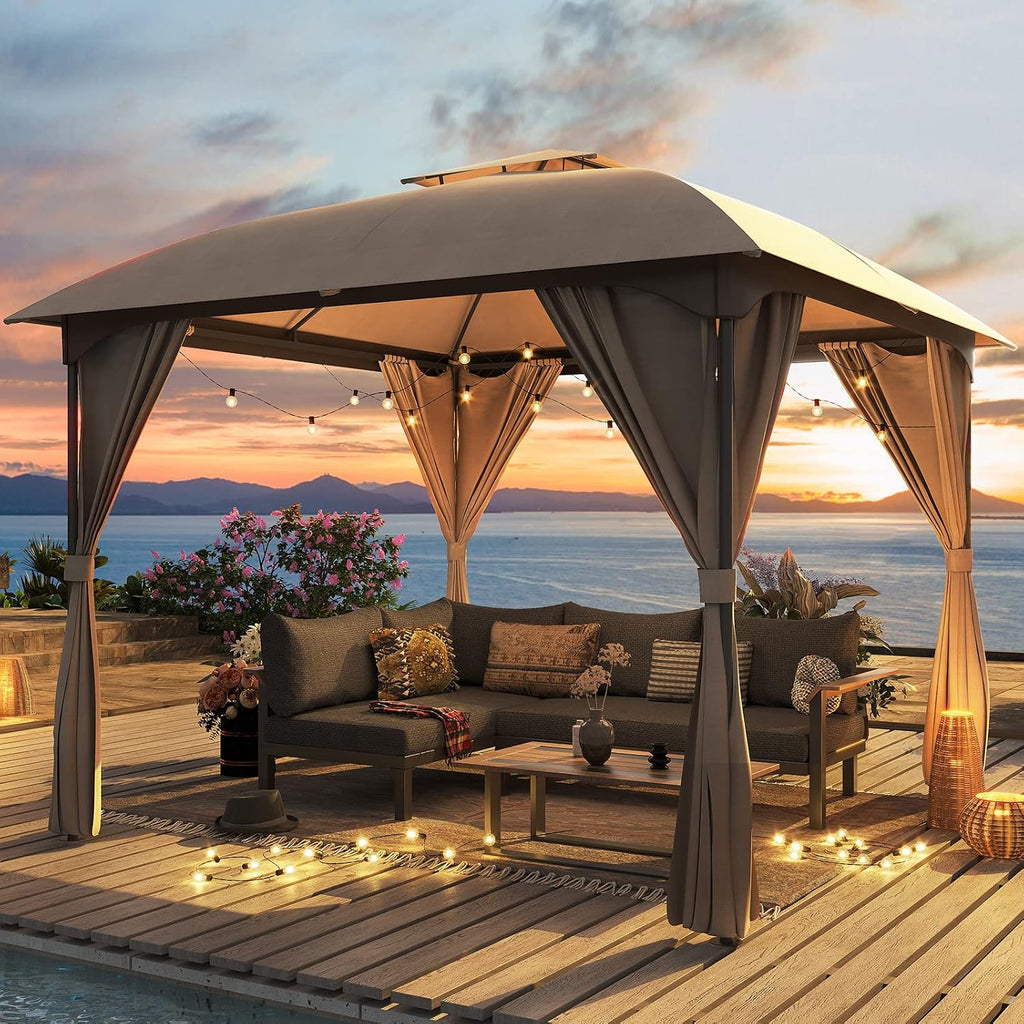 LAUSAINT HOME 10'x10' Patio Arc Gazebo with 50FT String Lights, Outdoor Canopy Tent with Curved Roof Design, Double Tier Top, Khaki