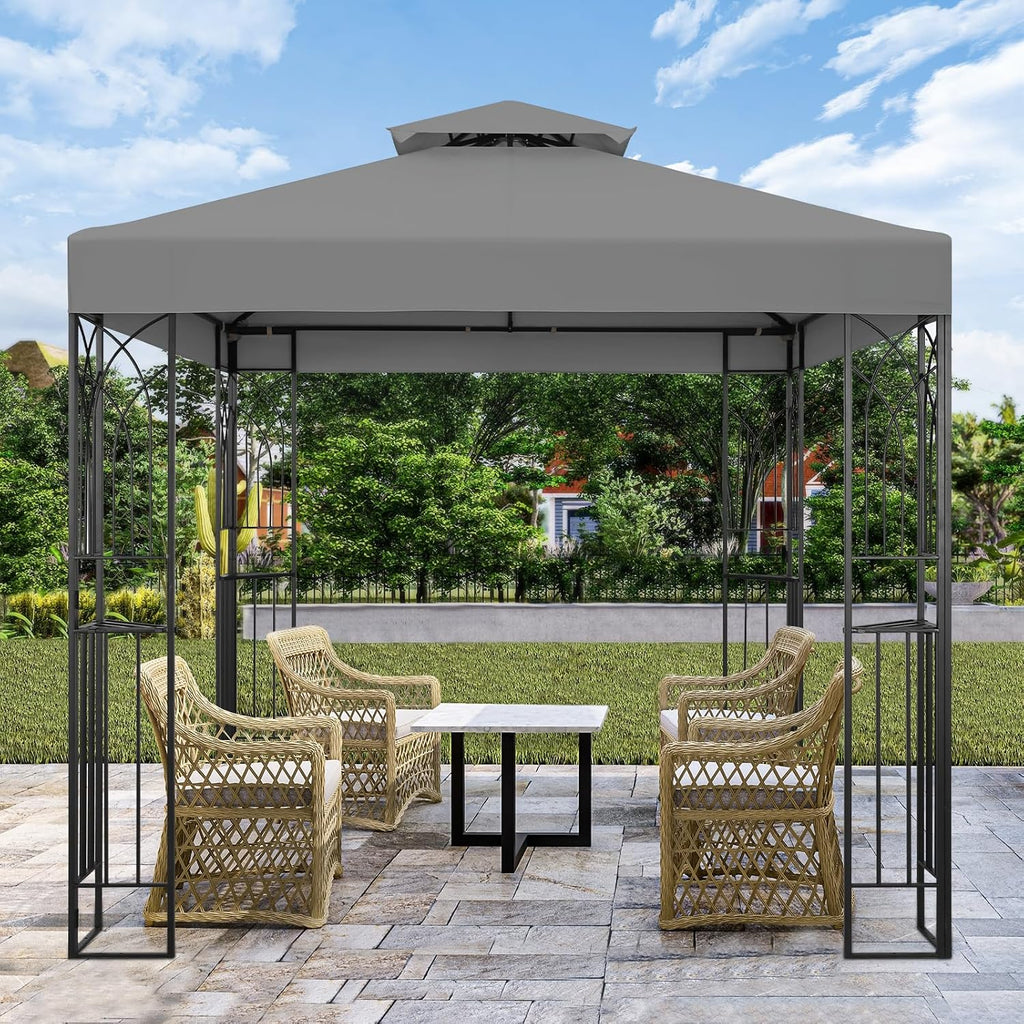 COOS BAY 8x8 Patio Gazebo with Corner Shelves, Two Tier Soft Top Canopy with UV Protection for Backyard, Garden, Lawn, Outdoor Events, Gray