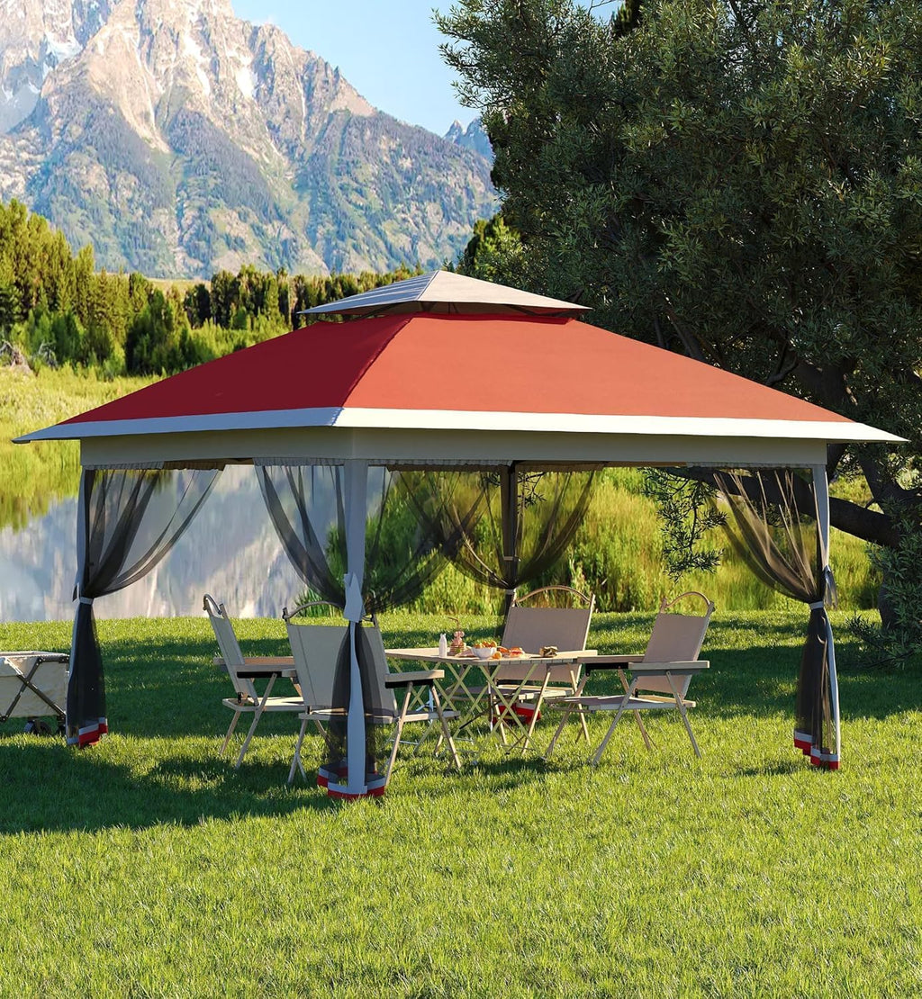 13x13ft Pop Up Gazebo, Outdoor Canopy Tent with Mosquito Netting, Heavy Duty Party Tent Shelter with Waterproof and Ultraviolet Double Roof for Backyard, Garden, Lawn and Deck (Red)