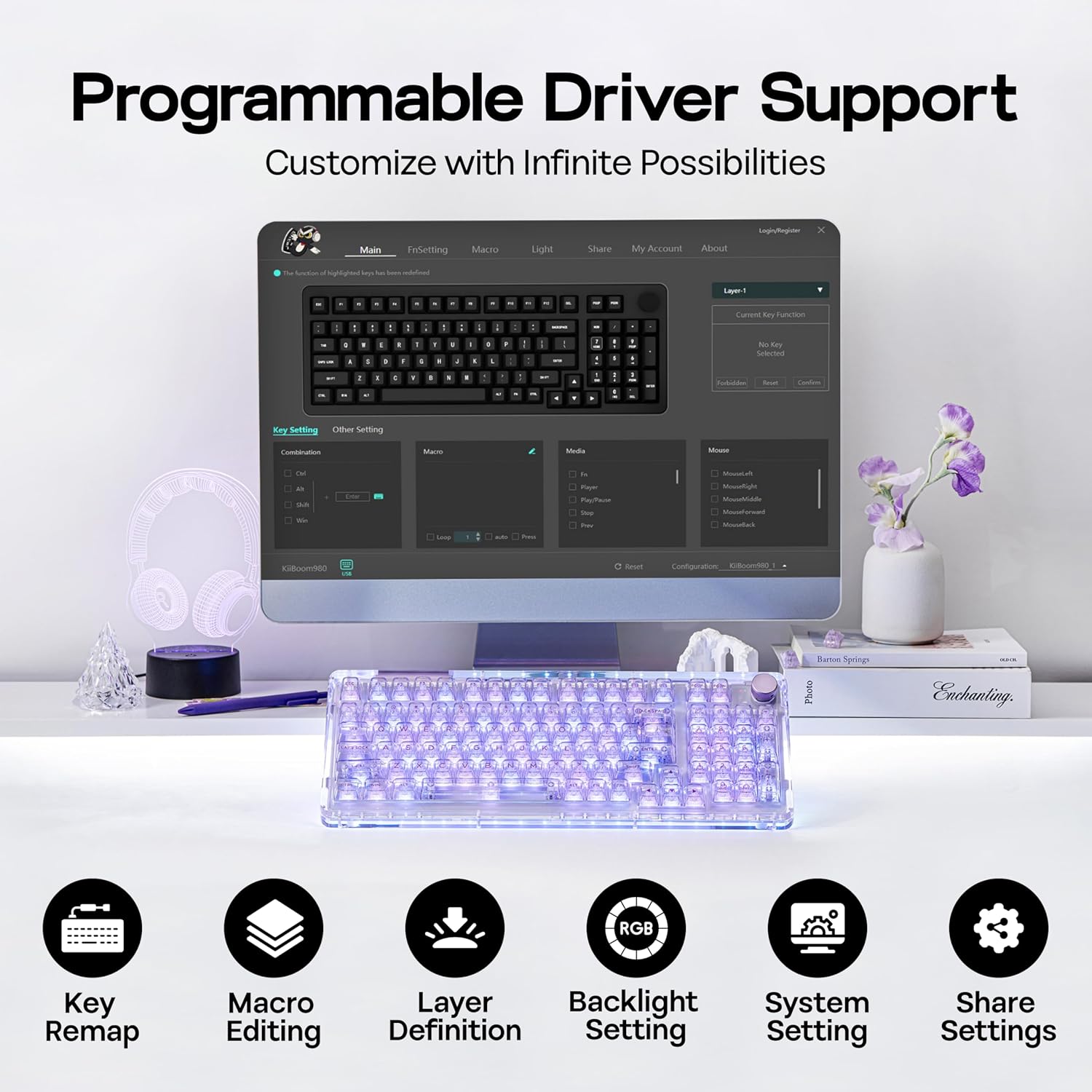 KiiBoom Phantom 98 Crystal Mechanical Gaming Keyboard, Transparent Keyboard with RGB Backlits, Hot-Swappable, Shine Through Clear Keycaps, 3 Modes Wireless, 8000mAh Battery, NKRO for Win/Mac (Purple)