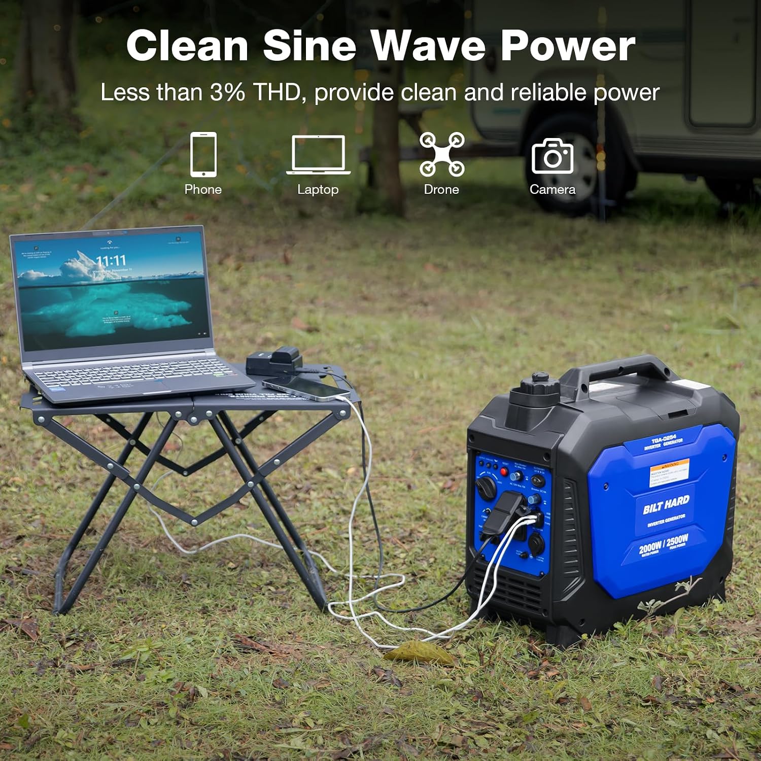 BILT HARD Gas Generator 2500W, 80cc 4 Stroke Quiet Inverter Generator with CO Sensor, Parallel Ready,120V AC Duplex Receptacle and 12V DC Output, Outdoor Generators for Camping, Home Use, 49-State