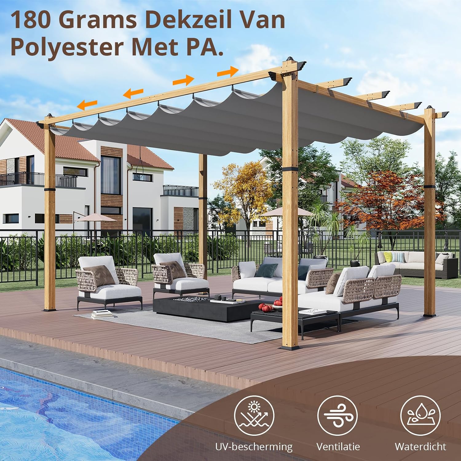 10' X 13' Retractable Pergola Canopy with Natural Wood Like Frame for Backyards, Gardens, Patios, Outdoor Pergola with Sun Shade Canopy,Gray