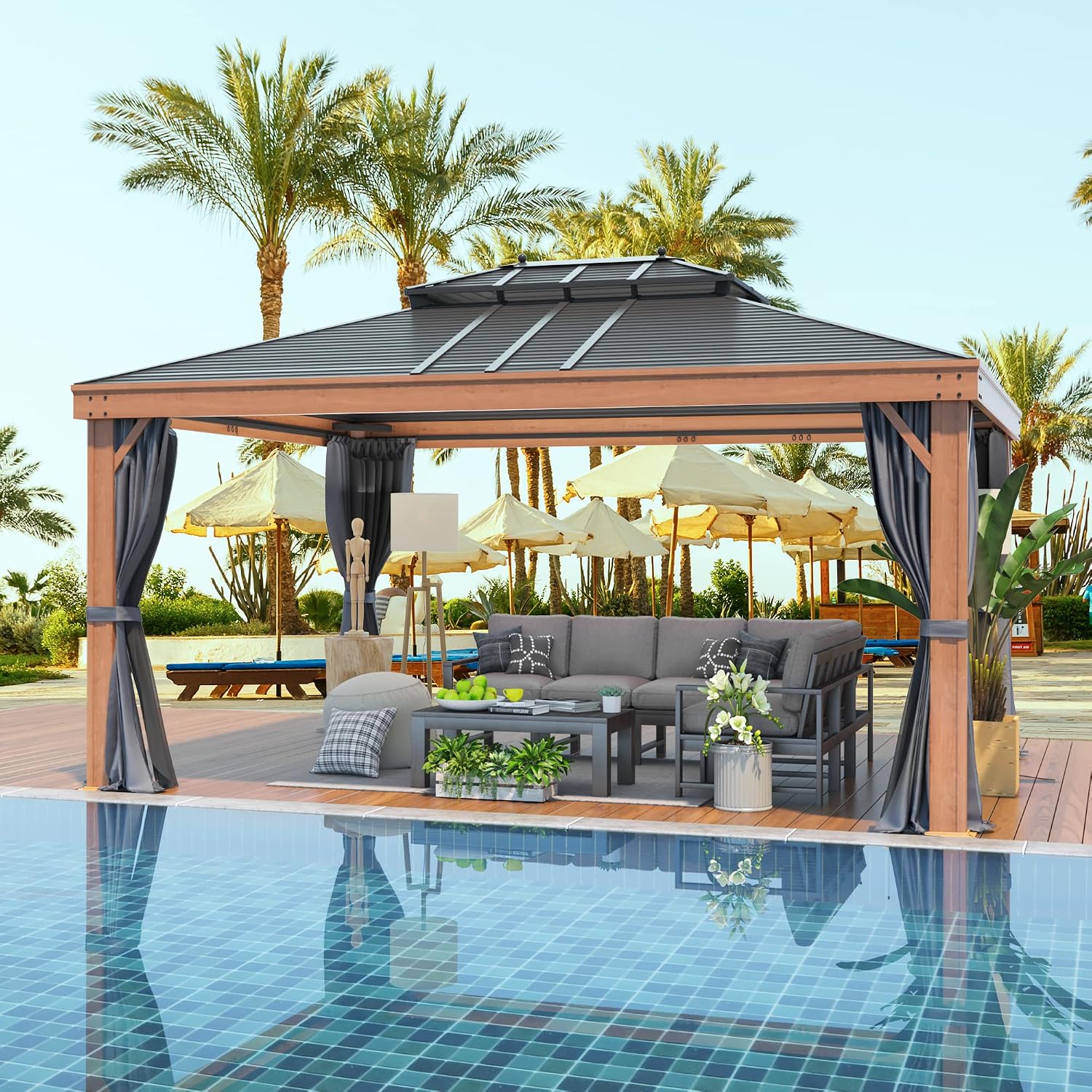YOLENY 12'x16' Hardtop Gazebo, Galvanized Steel Double Roof with Wood-Looking Aluminum Frame, Outdoor Permanent Metal Pavilion with Curtains and Nettings for Patio, Backyard and Deck