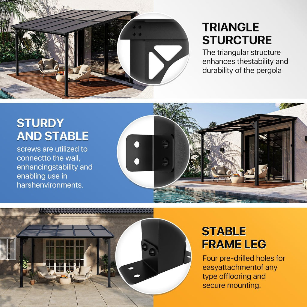 Gazebo for Patio 10' x 12', Gazebo Pergola with Sloped Roof, Large Wall-Mounted Heavy Duty Awnings, for Backyard, Deck, Patio