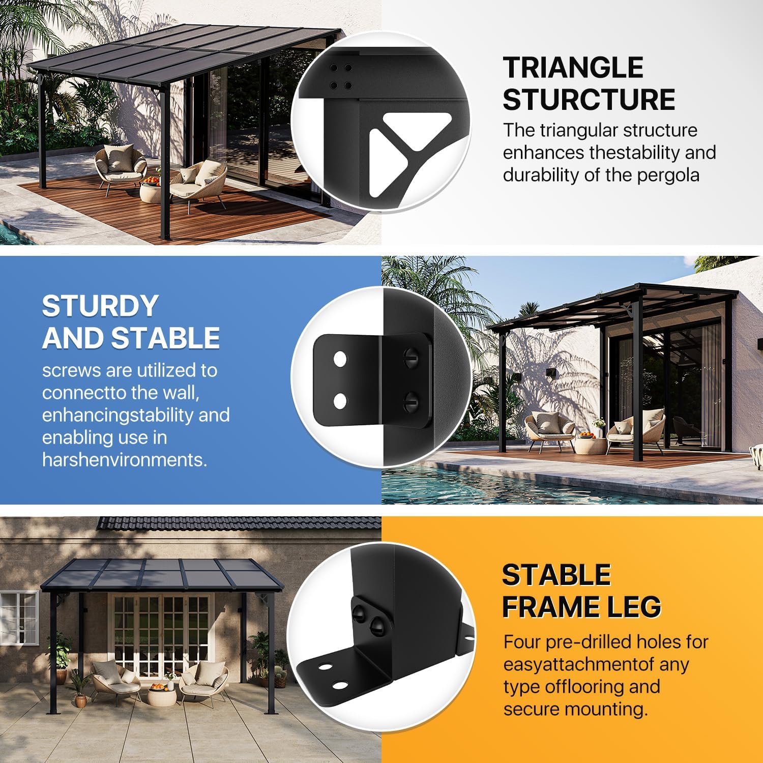 Gazebo for Patio 10' x 12', Gazebo Pergola with Sloped Roof, Large Wall-Mounted Heavy Duty Awnings, for Backyard, Deck, Patio