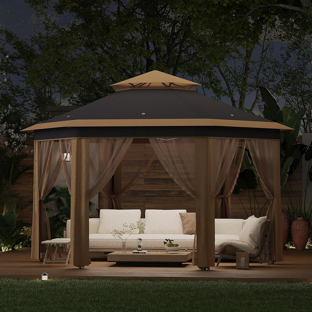 Pop-Up Gazebo 13 * 13 ft 6 Sided, Canopy Tent with Mesh Windows & Portable Carry Bag, Adjustable Tent Outdoor Pergola for Backyard & Patio Furniture (Khaki)