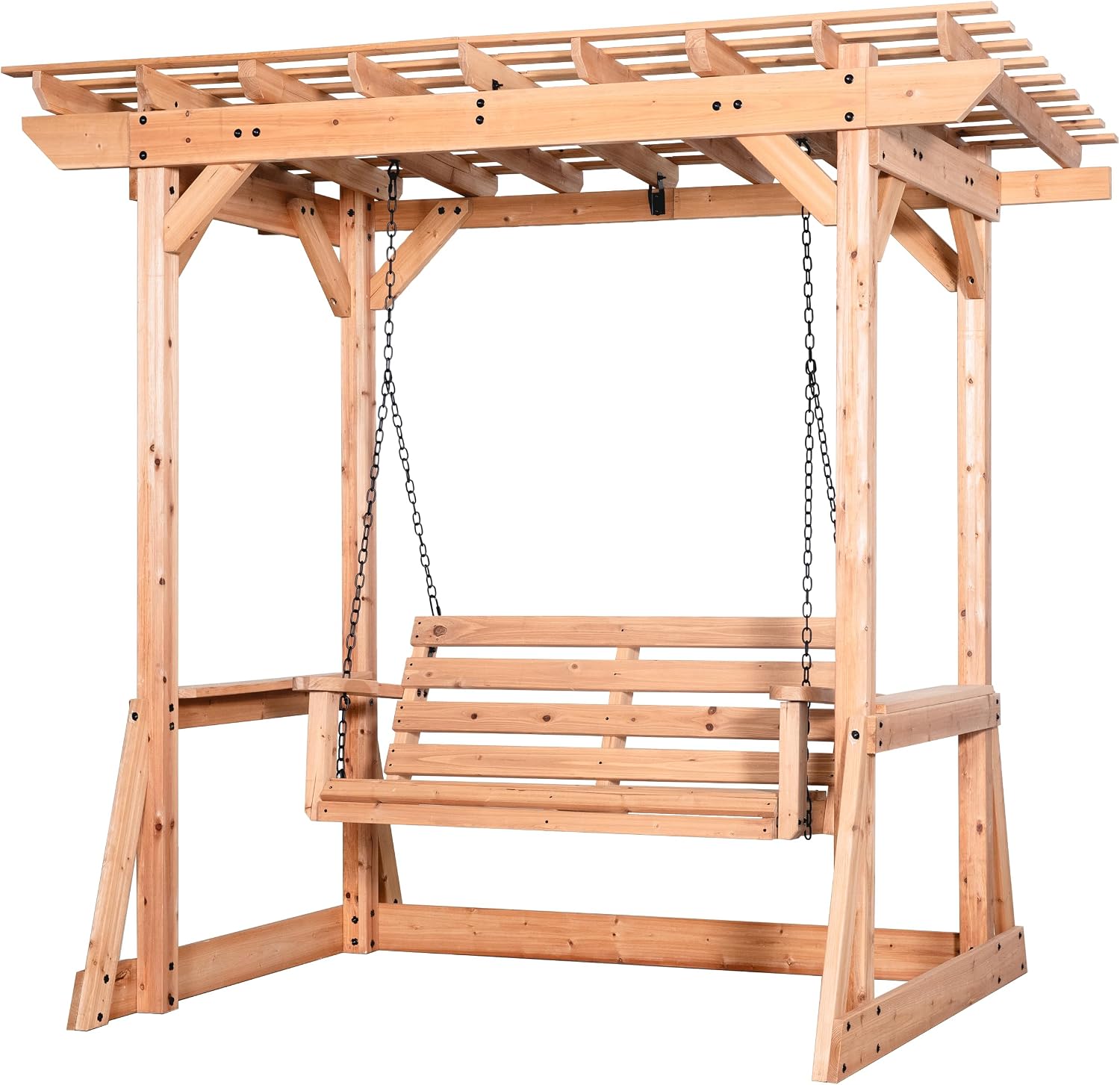 Backyard Discovery Callahan 8' x 5' Cedar Wood Outdoor Patio Pergola Swing Bench with Trellis, Two-Person Seating, Chains, Water Resistance, 600 Lb Weight Capacity for Porch, Patio, Deck, Garden