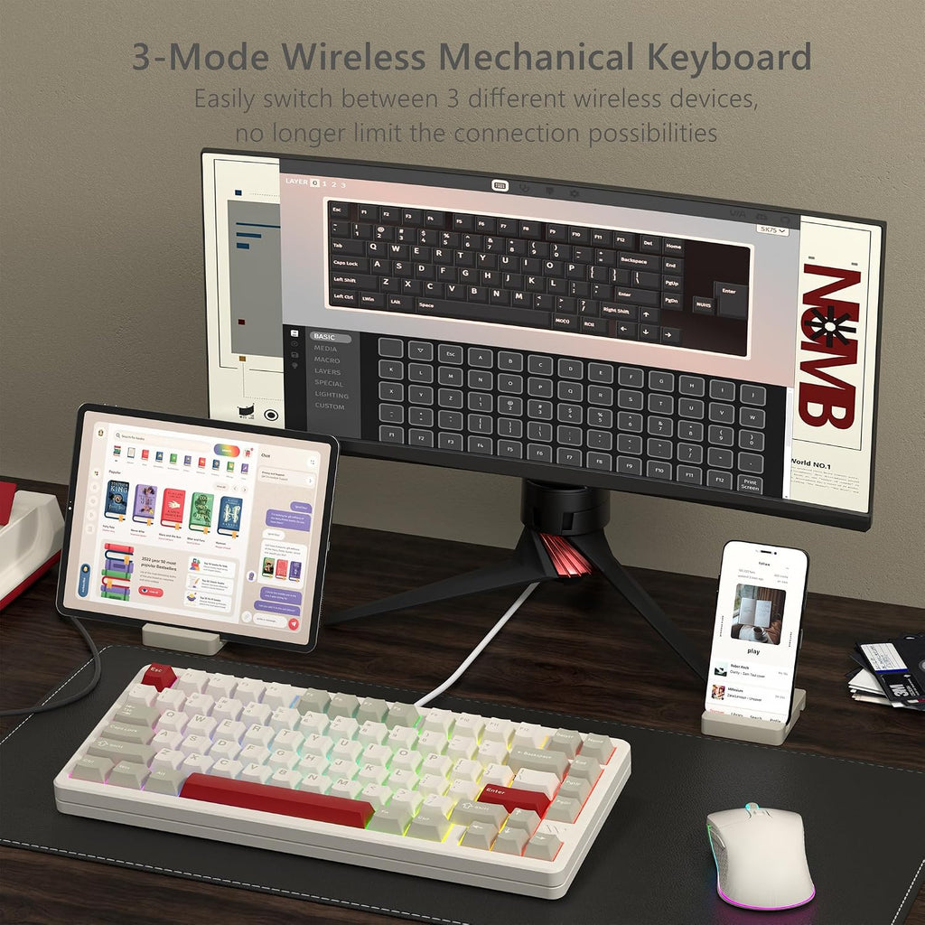 Womier SK75 75% Keyboard with Full Aluminum Wireless Mechanical Gaming Keyboard, VIA Custom Pre-lubed POM Switches RGB Creamy Gaming Key Board, 3-Modes Gasket Hot Swappable, White-1