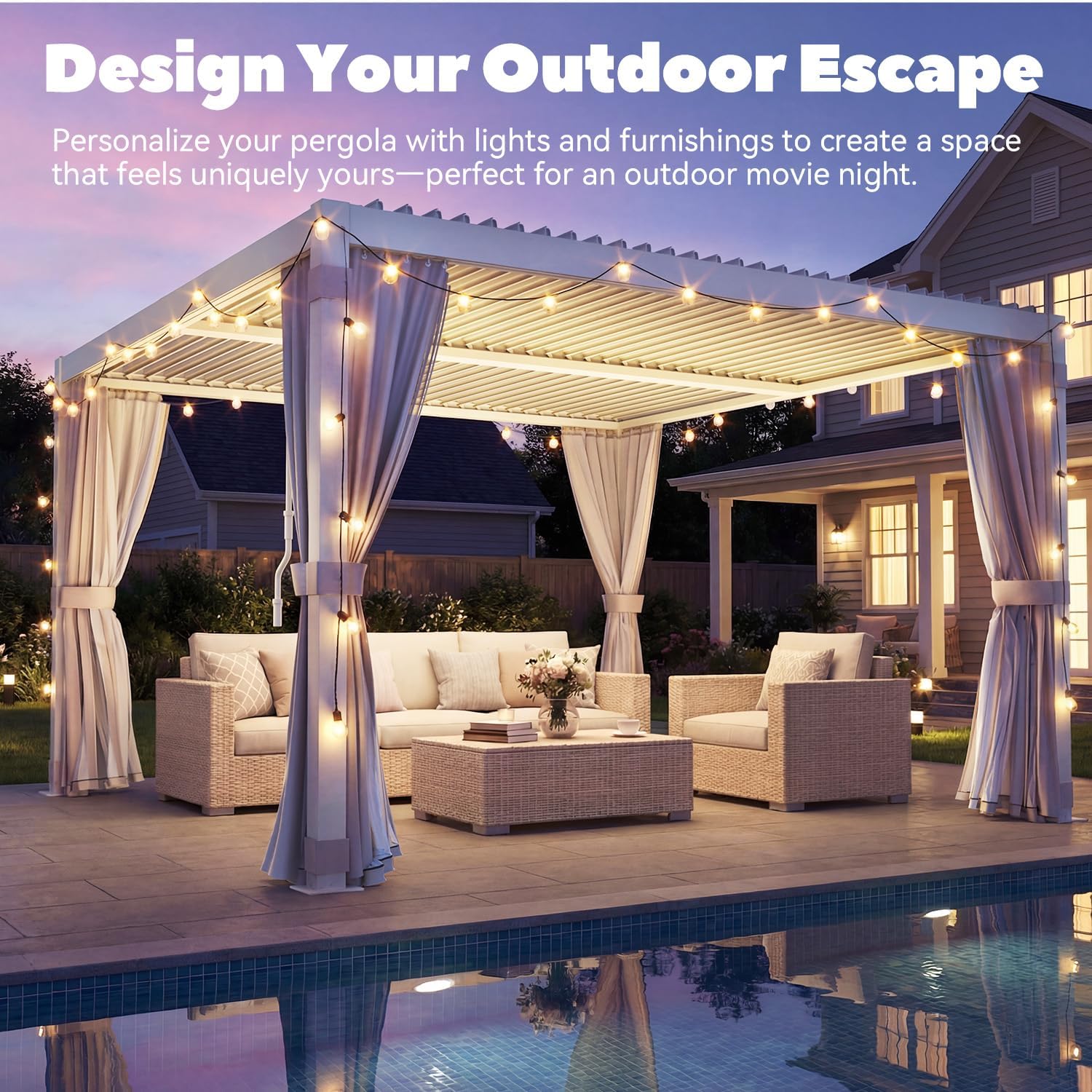 MELLCOM Louvered Pergola 12x12, Steel Aluminum Pergola with Adjustable Louvered Roofs, Outdoor Gazebo with Waterproof Curtains and Nets, White