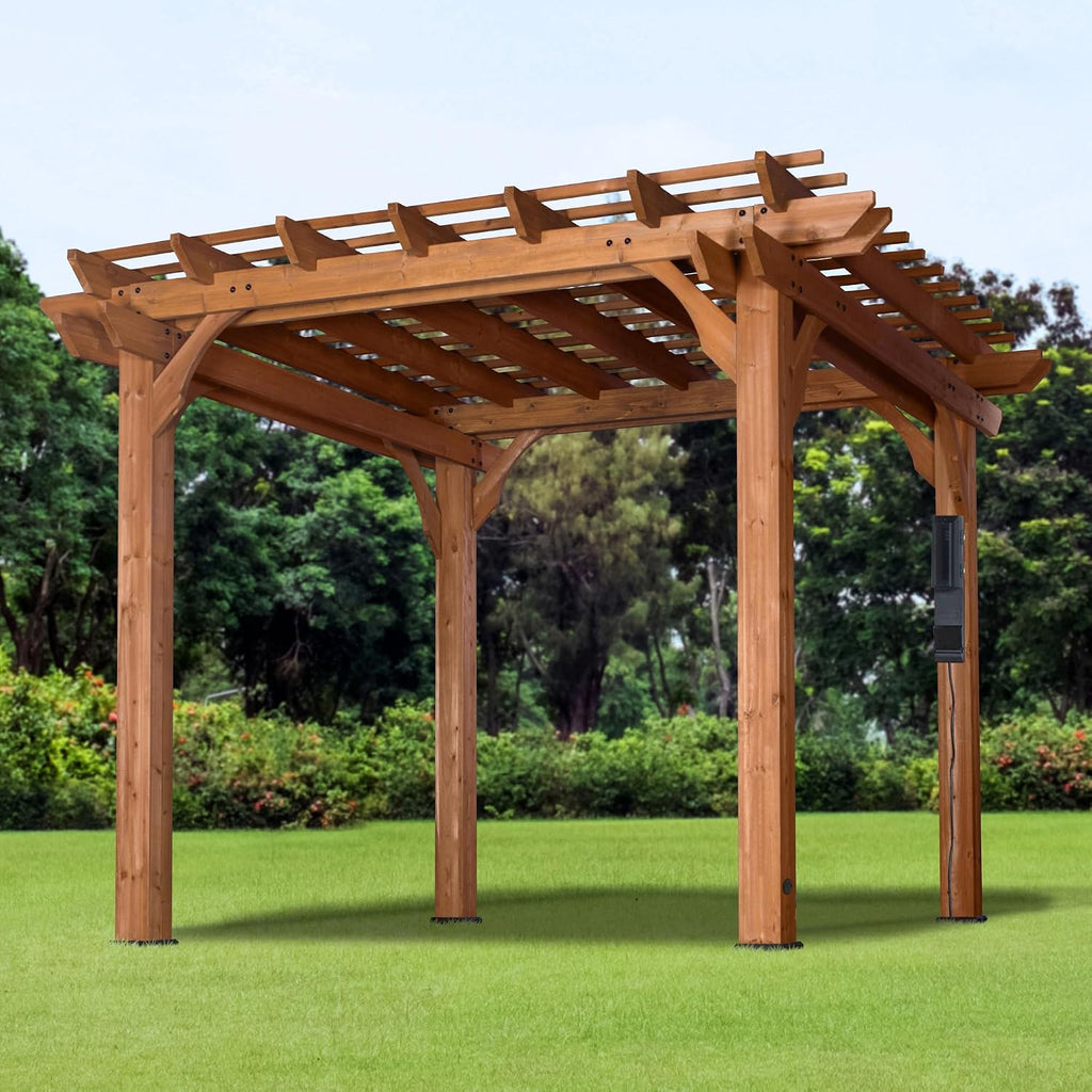 Backyard Discovery Beaumont 10' x 10' Traditional Cedar Wood Pergola Kit with Trellis Roof, All-Season Durability, High-Wind Rating, PowerPort, Shade for Outdoor Patio, Deck, Garden, and Entertaining