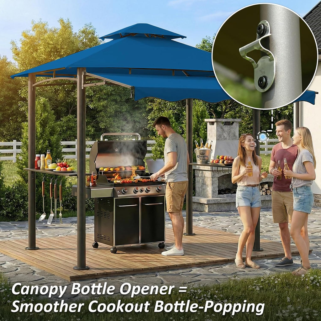 CHARMELEON 8x8 FT Grill Gazebo, Grill Canopy with Big Awning&2 Side Shelves&6 Hooks&Bottle Opener, Powder-Coated Steel BBQ Shelter for Patio Backyard Outdoor Grilling-Blue
