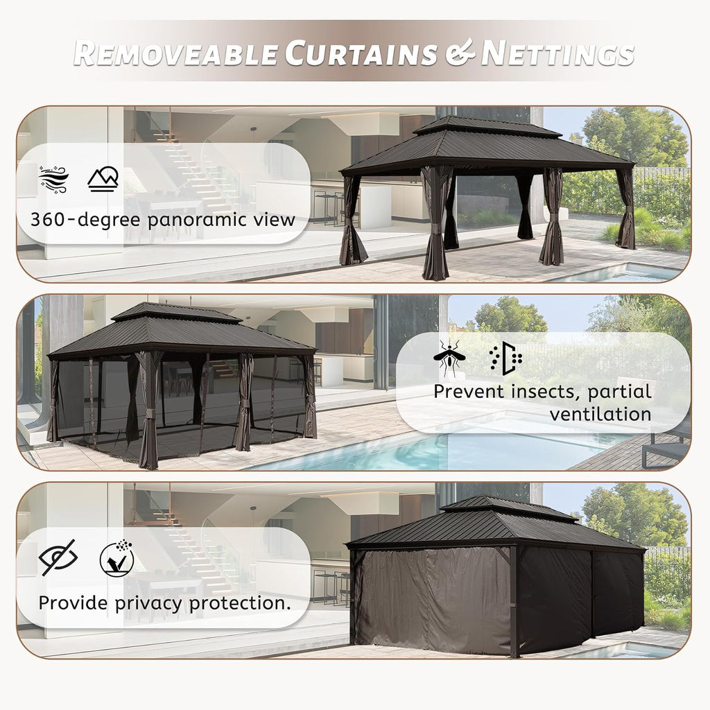 12' x 20' Outdoor Hardtop Gazebo with Gutters, Double Roof Galvanized Metal Gazebo for Backyard, Patio, Deck, Hot Tub, Heavy Duty Permanent Gazebos with Curtains and Netting -Brown