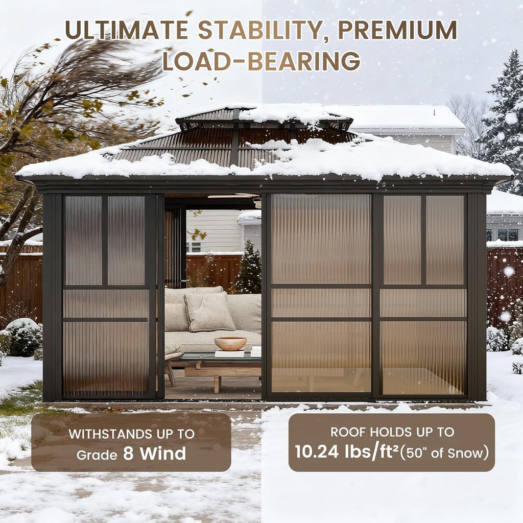 YOLENY 12x14 Sunroom Gazebo, Enclosed Outdoor Solarium with Tinted Polycarbonate Roof, 4 Lockable Sliding Doors & Aluminum Frame, Permanent Hardtop Patio Gazebo for Backyard