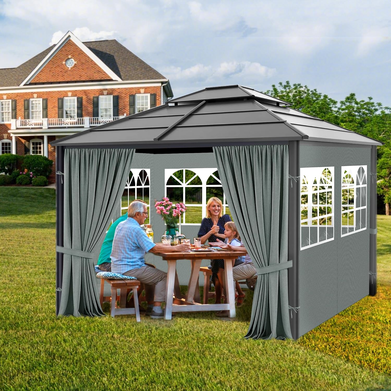 Gazebo Privacy Curtains 10' x 12' with PVC Windows, 4-Panels Side Wall with Zipper Universal Replacement for Patio, Outdoor Canopy, Garden and Backyard, Gray