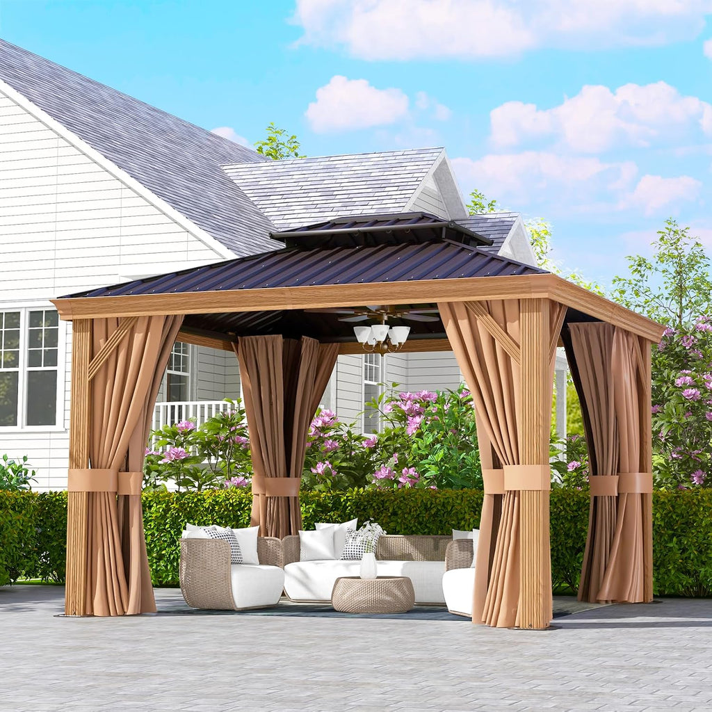 Aoxun 10' x 12' Gazebo, Wooden Finish Coated Aluminum Frame Canopy with Dual-Layer Galvanized Steel Hardtop Top, Outdoor Metal Gazebo with Privacy Curtains and Netting, for Deck, Patio and Backyard