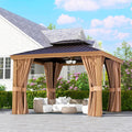Aoxun 10' x 12' Gazebo, Wooden Finish Coated Aluminum Frame Canopy with Dual-Layer Galvanized Steel Hardtop Top, Outdoor Metal Gazebo with Privacy Curtains and Netting, for Deck, Patio and Backyard