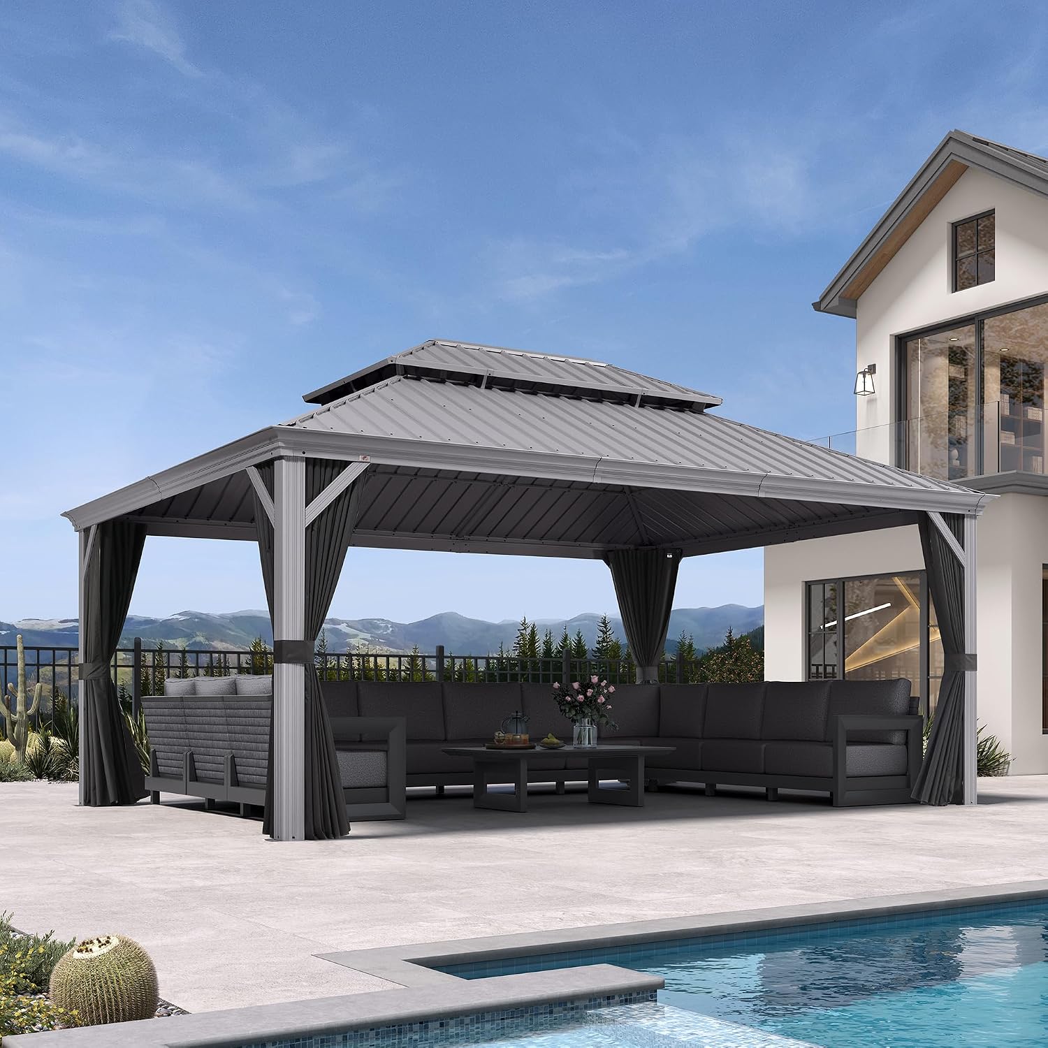PURPLE LEAF 13' x 17' Hardtop Aluminum Gazebo with Double Metal Roof Heavy Duty Permanent Gazebo for Patio Deck Lawn Garden All Weather Outdoor Pavilion Gazebos, Light Grey