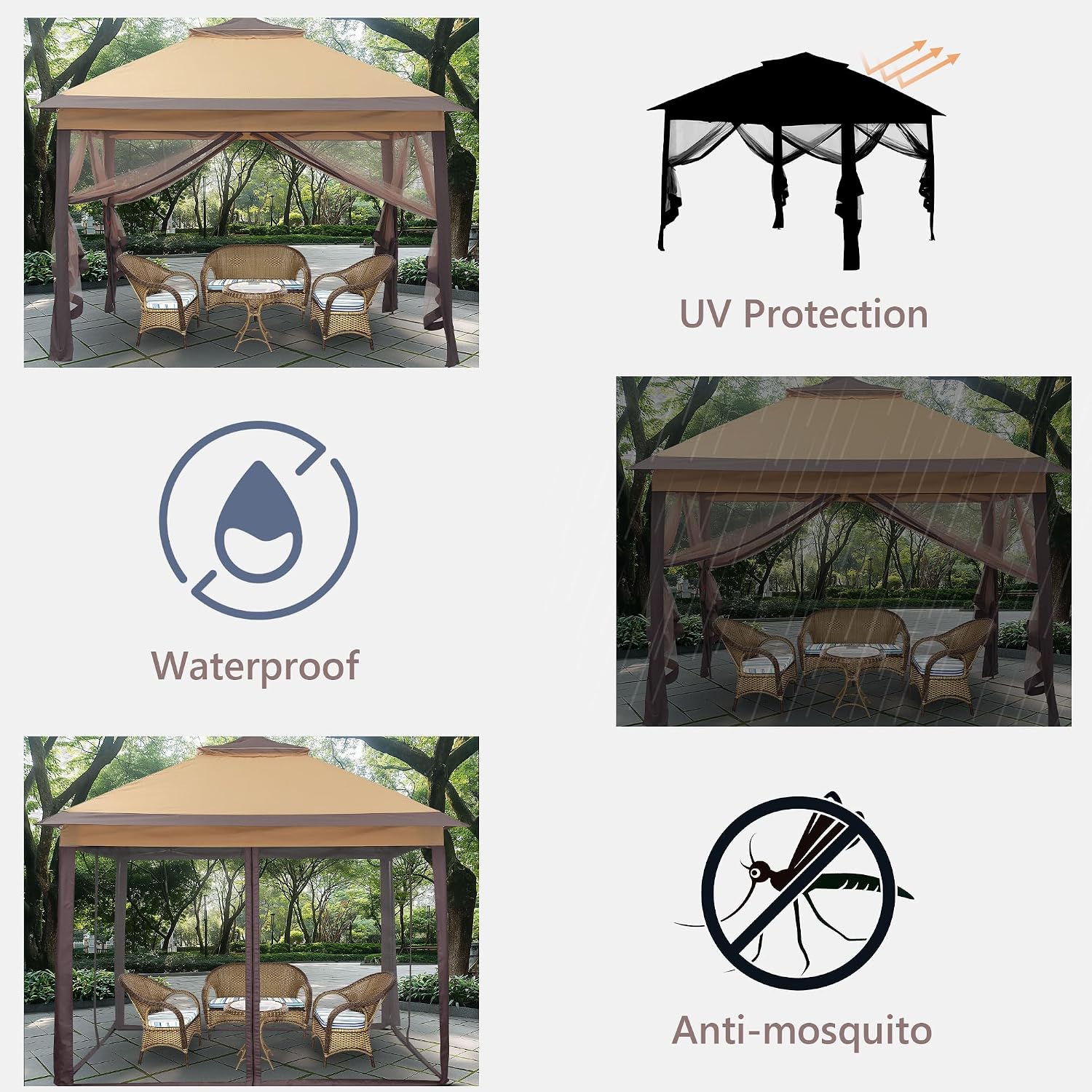 11x11 Pop Up Camping Shelters Tent, Outdoor Tent with Netting, Outdoor Shelters for Backyard, Screen House with Wheeled Cover Bag, Brown.