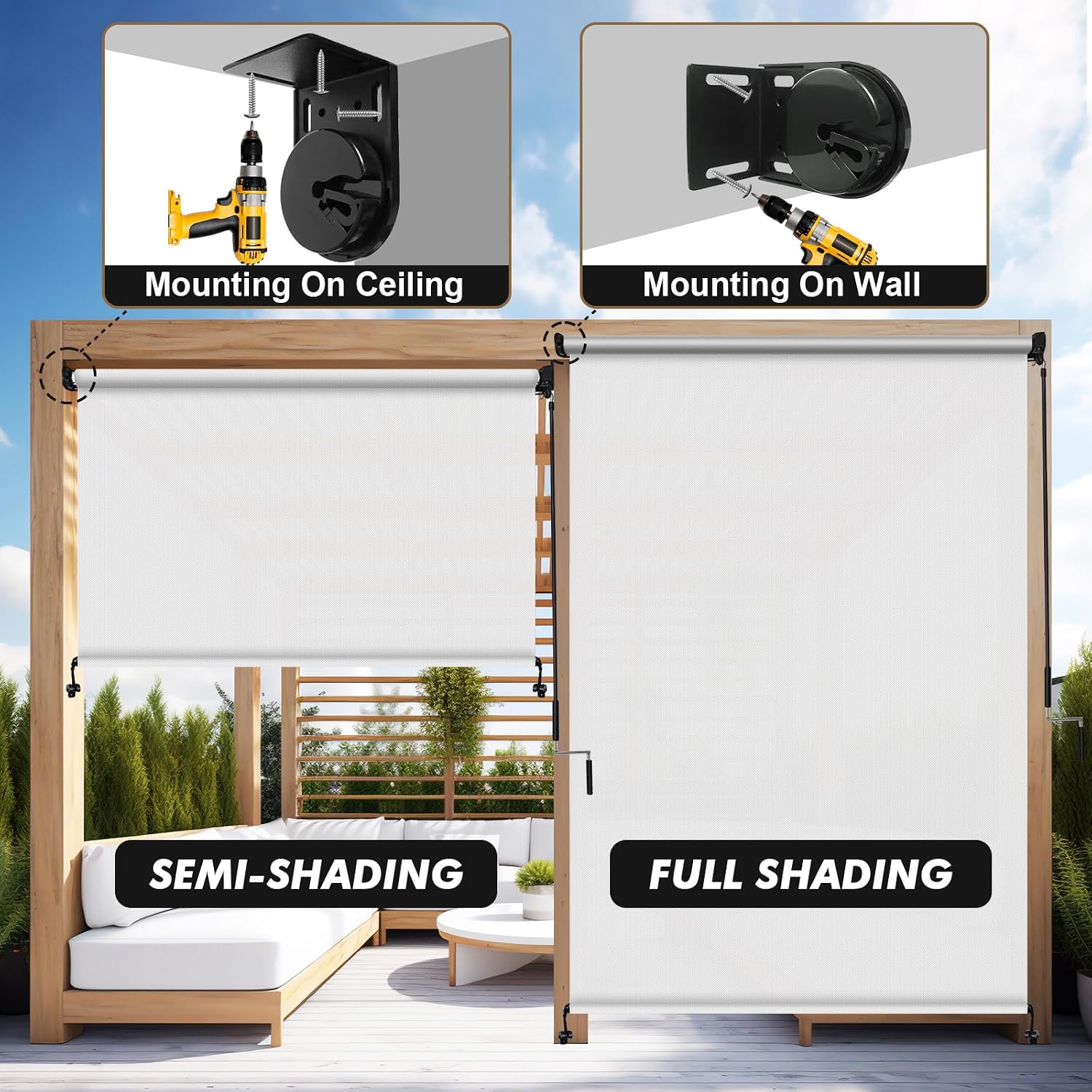 Artpuch Custom Size Outdoor Roller Shade 3' W x 6' H, Cordless Patio Shades Roll Up Outdoor Blinds with 5% Openness Solar Fabric Light Filtering for Porch, Gazebo, Pergola, White