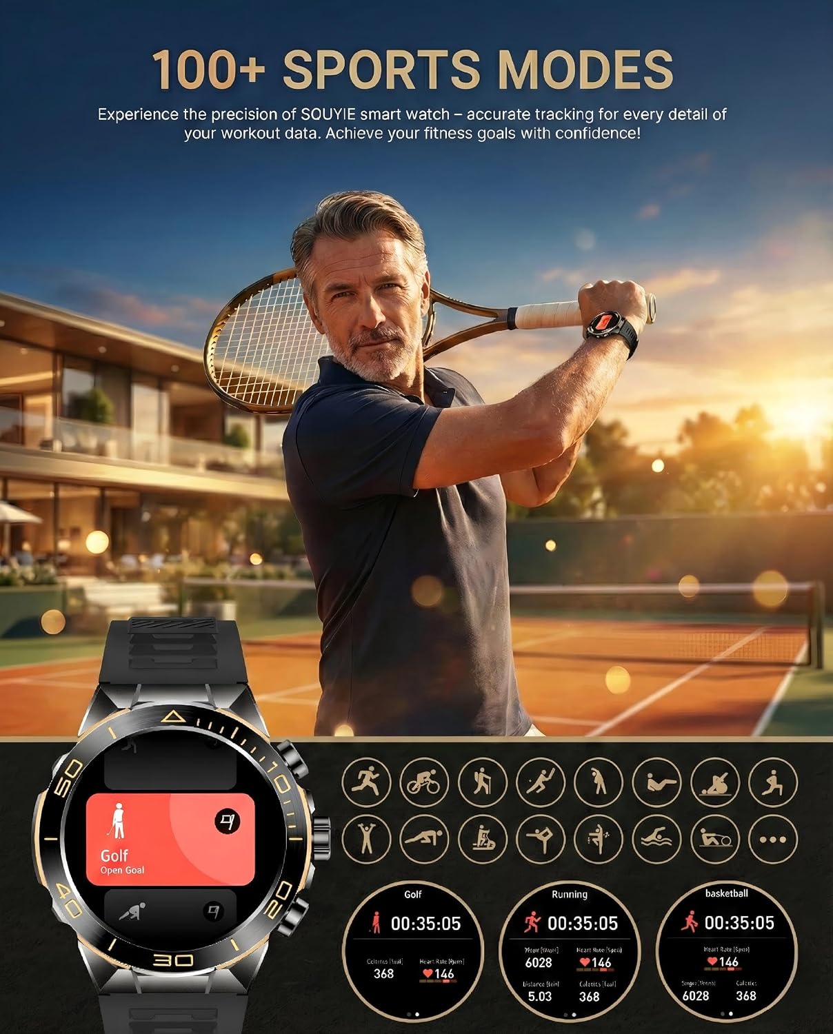 SOUYIE Men's Smart Watch with Bluetooth Call, 1.43' AMOLED Round Dial, Luxury Stainless Steel & Silicone Bands, Business Sport Fitness Tracker, Heart Rate/Blood Pressure/Sleep Monitor for iOS Android