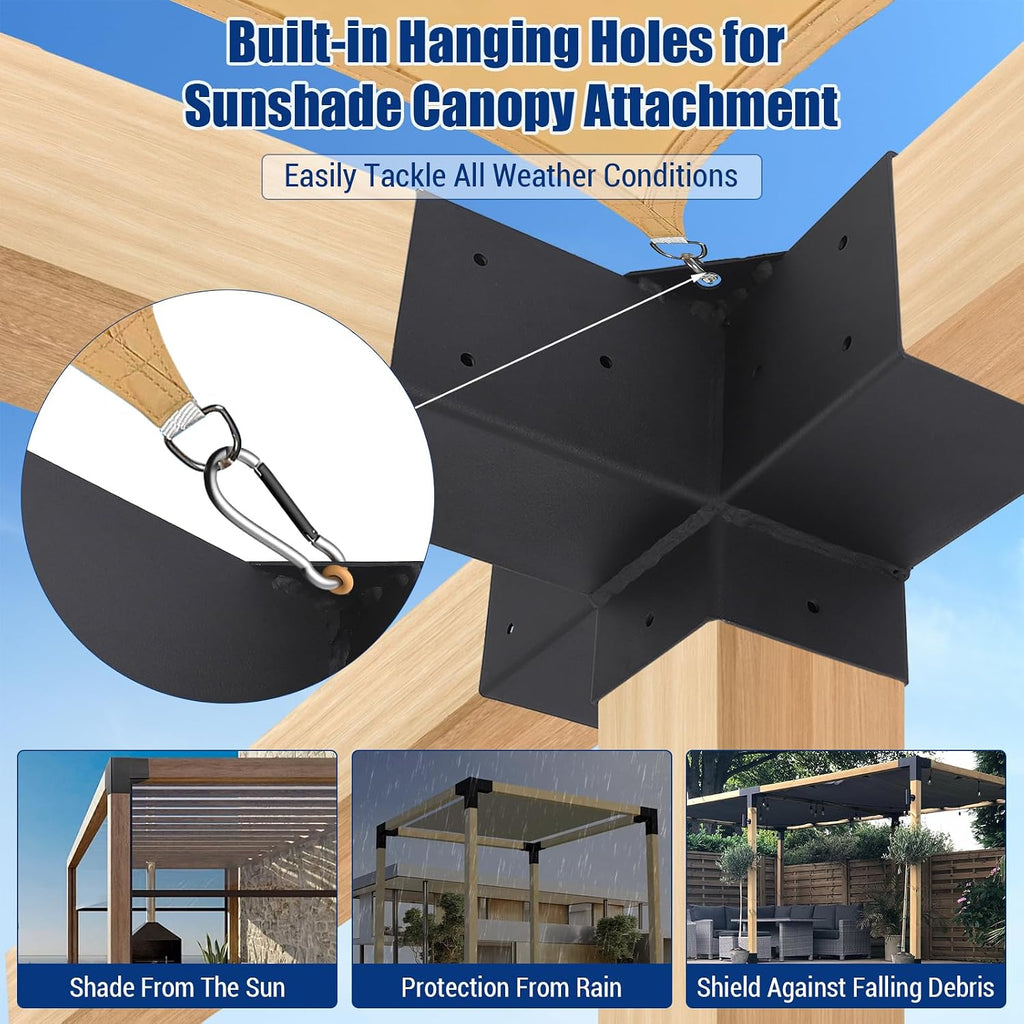 Pergola Brackets 4' x 4', 4 Pack 3-Way Angle Corner Brackets with 6 Pack Post Pergola Brackets, 2 Pack 4-Way Pergola Brackets, Powder Coated Pergola Hardware for Lumber Pergola Gazebo Sunroom