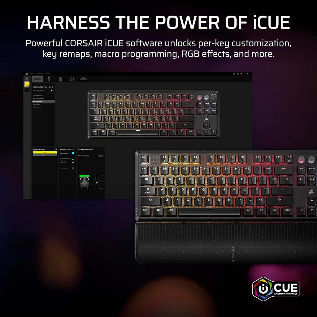 Corsair K70 PRO TKL RGB Tenkeyless Mechanical Wired Gaming Keyboard – Pre-Lubed Hall Effect MGX Hyperdrive Adjustable Switches, Simultaneous SOCD and Rapid Trigger, ABS Double-Shot, QWERTY NA – Black