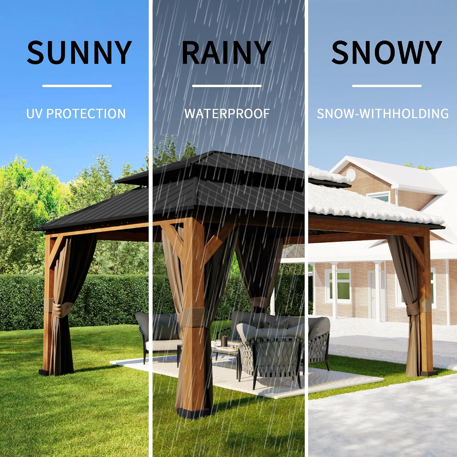 13' x 15' Double Hardtop Gazebo - Outdoor Thermal Transfer Wood-Looking Aluminum Gazebo with Double Hardtop, Privacy Curtains and Mosquito Nettings Included, for Patio, Garden, Backyard