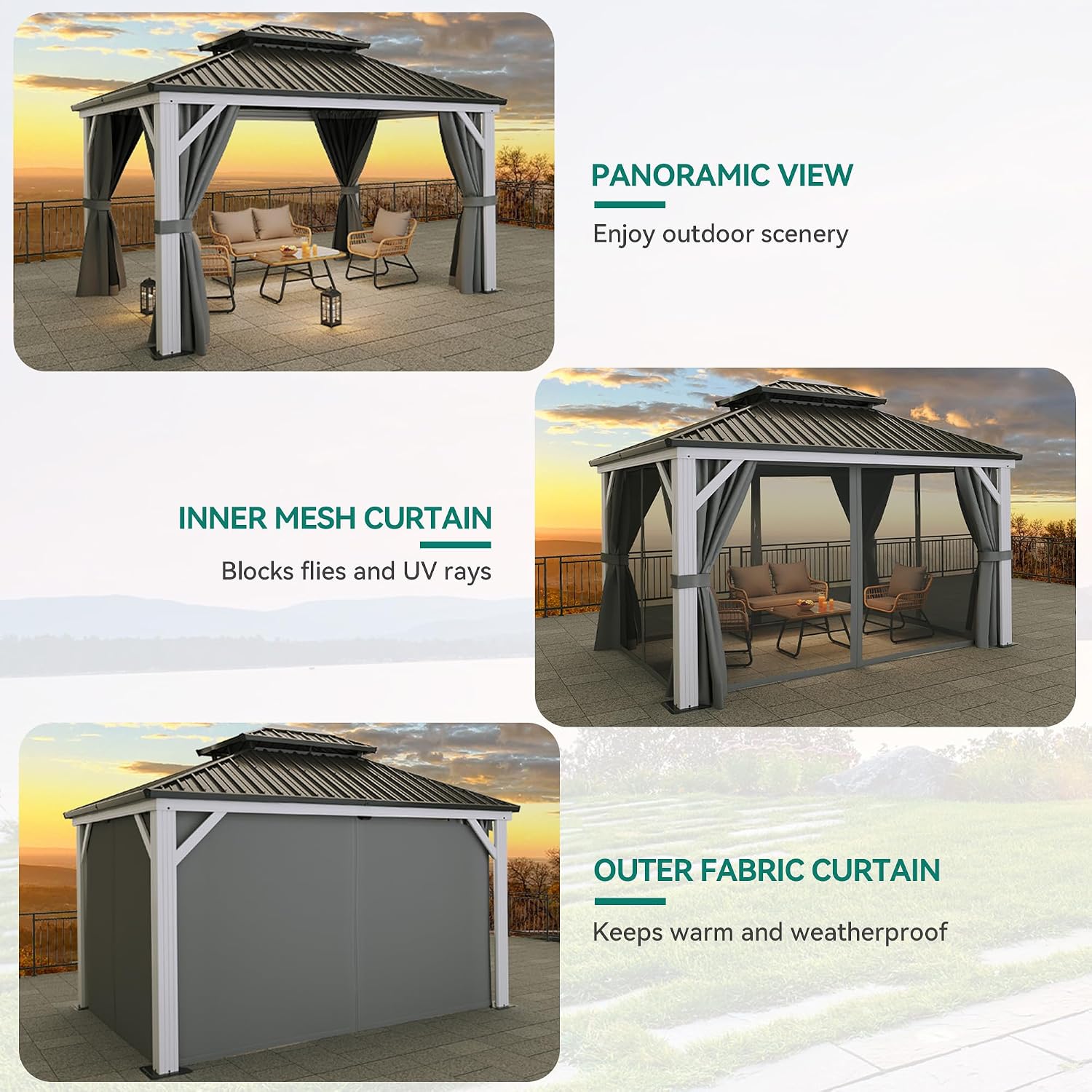 YITAHOME White Gazebo 10x12ft Hardtop Double Roof Canopy Galvanized Iron Aluminum Frame Outdoor Gazebo with Netting and Shaded Curtains Garden Tent for Patio, Backyard, Deck and Lawns, Grey Curtain