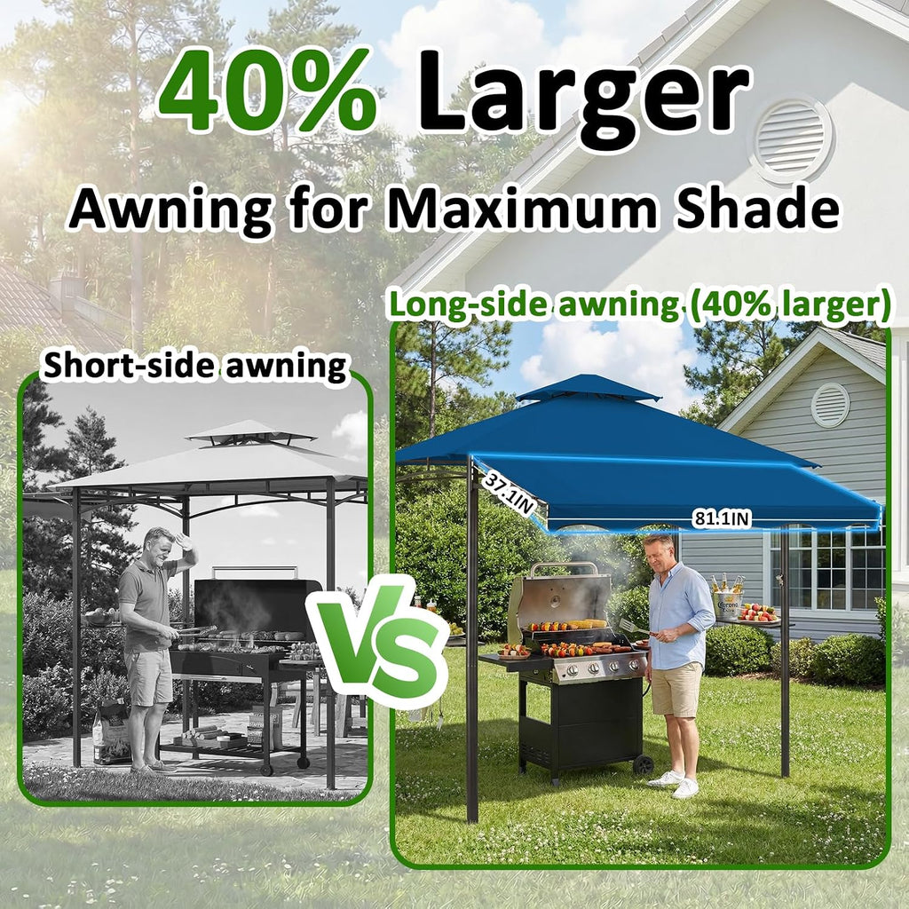CHARMELEON 8x8 FT Grill Gazebo, Grill Canopy with Big Awning&2 Side Shelves&6 Hooks&Bottle Opener, Powder-Coated Steel BBQ Shelter for Patio Backyard Outdoor Grilling-Blue