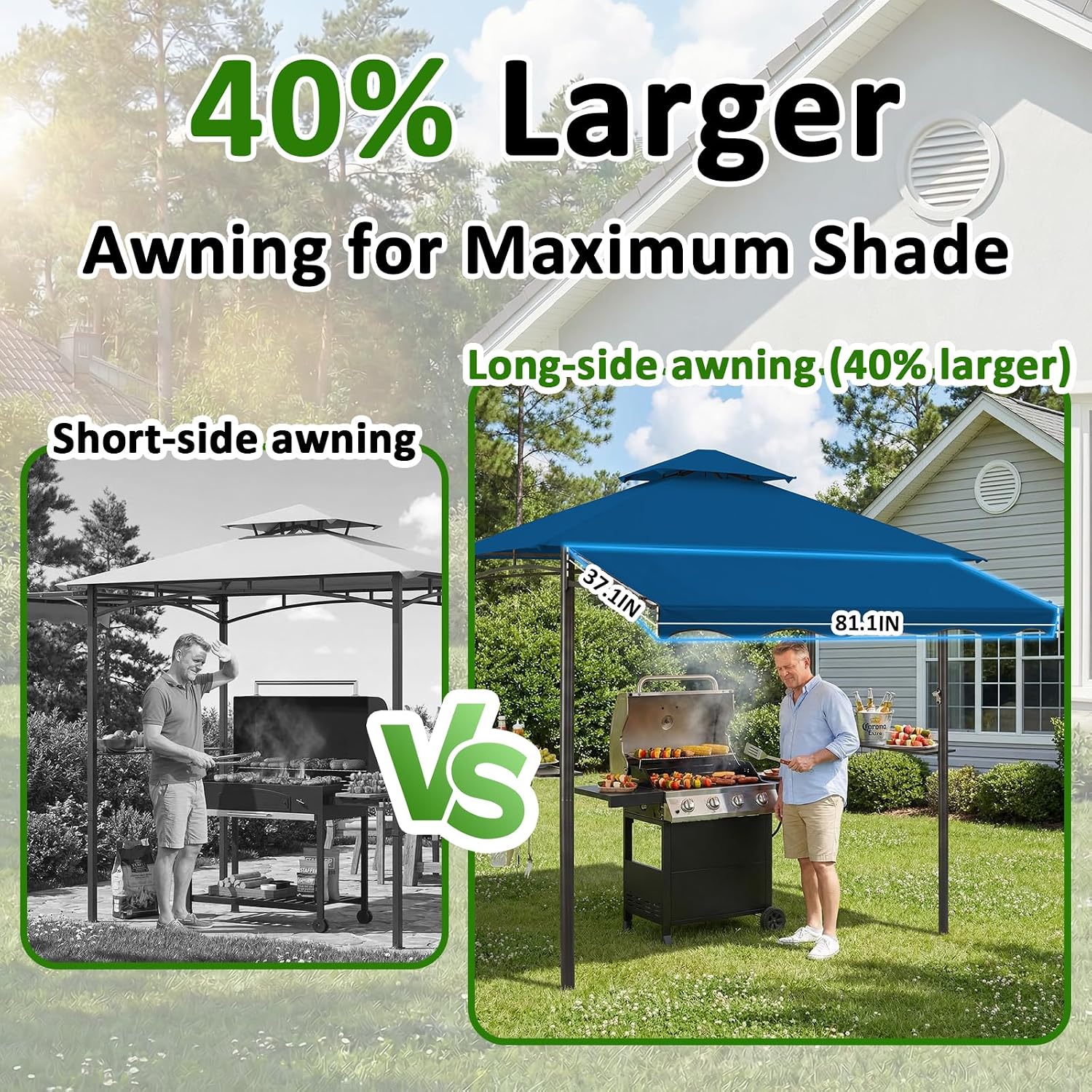 CHARMELEON 8x8 FT Grill Gazebo, Grill Canopy with Big Awning&2 Side Shelves&6 Hooks&Bottle Opener, Powder-Coated Steel BBQ Shelter for Patio Backyard Outdoor Grilling-Blue
