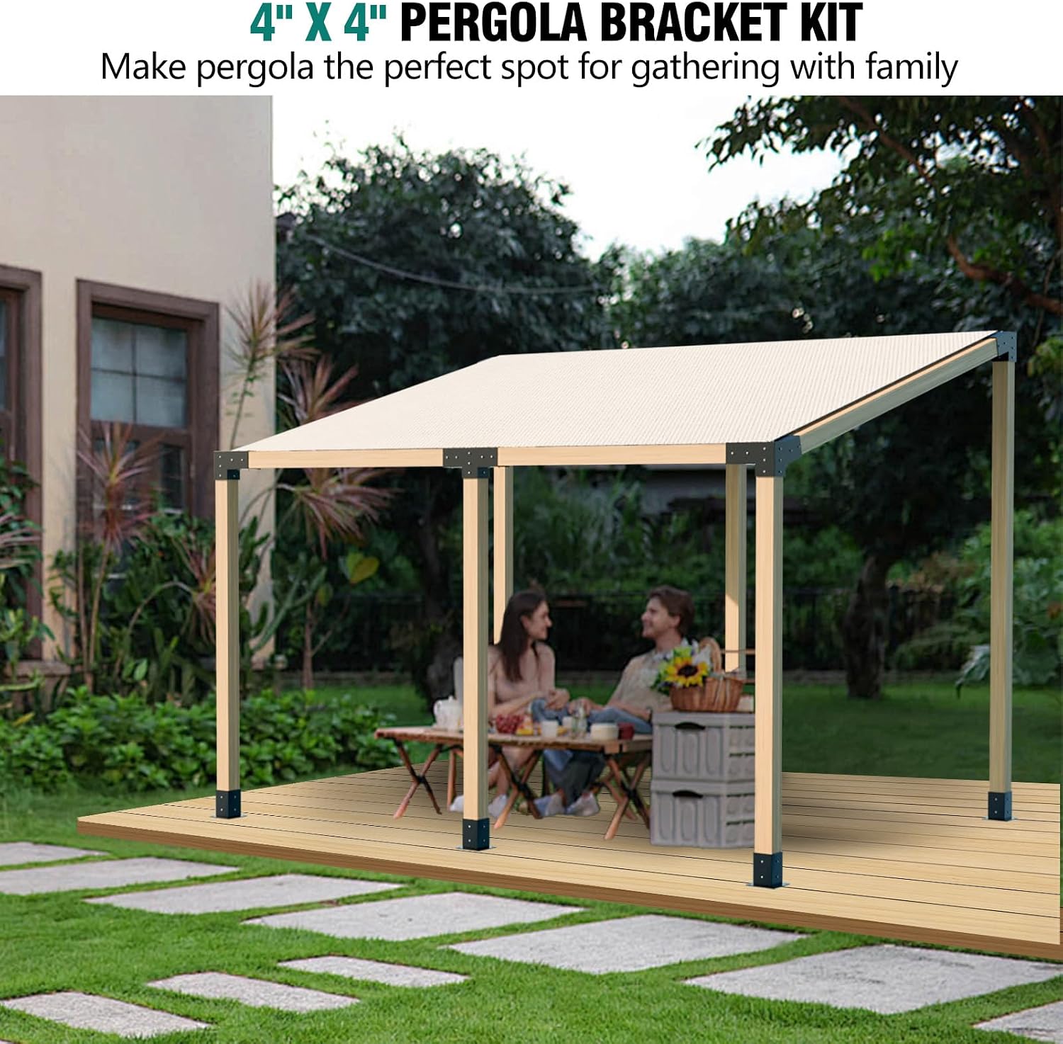 Slanted Pergola Brackets, 4PC Woodworks Pergola Kit 15° & 75° 4-Way Bracket with Post Base for 4x4'' (Actual: 3.5x3.5'') Wood Beams Elevated Wood Stand Kit
