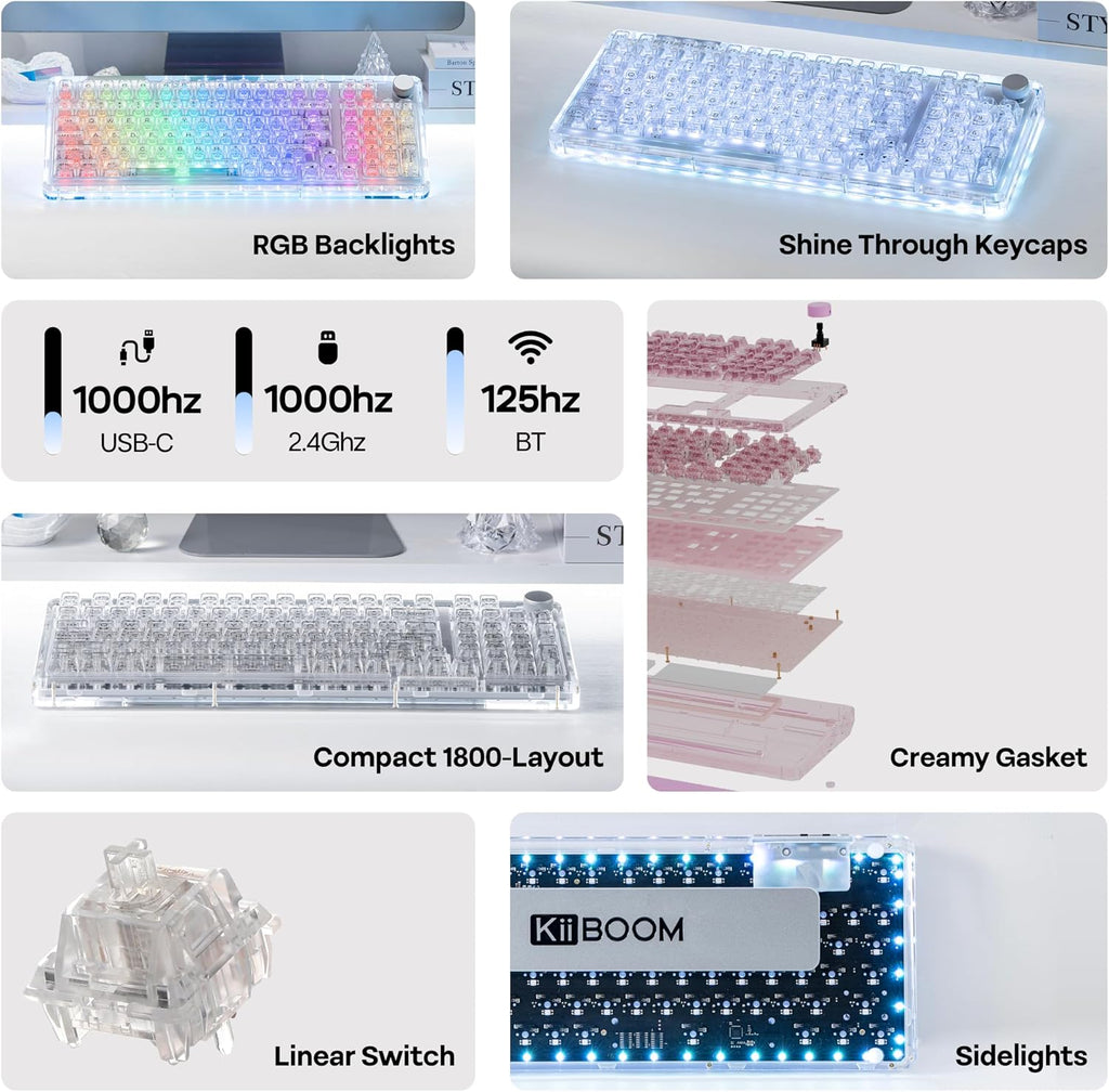 KiiBoom Phantom 98 Crystal Mechanical Gaming Keyboard, Transparent Keyboard with RGB Backlits, Hot-Swappable, Shine Through Clear Keycaps, 3 Modes Wireless, 8000mAh Battery, NKRO for Win/Mac (Clear)